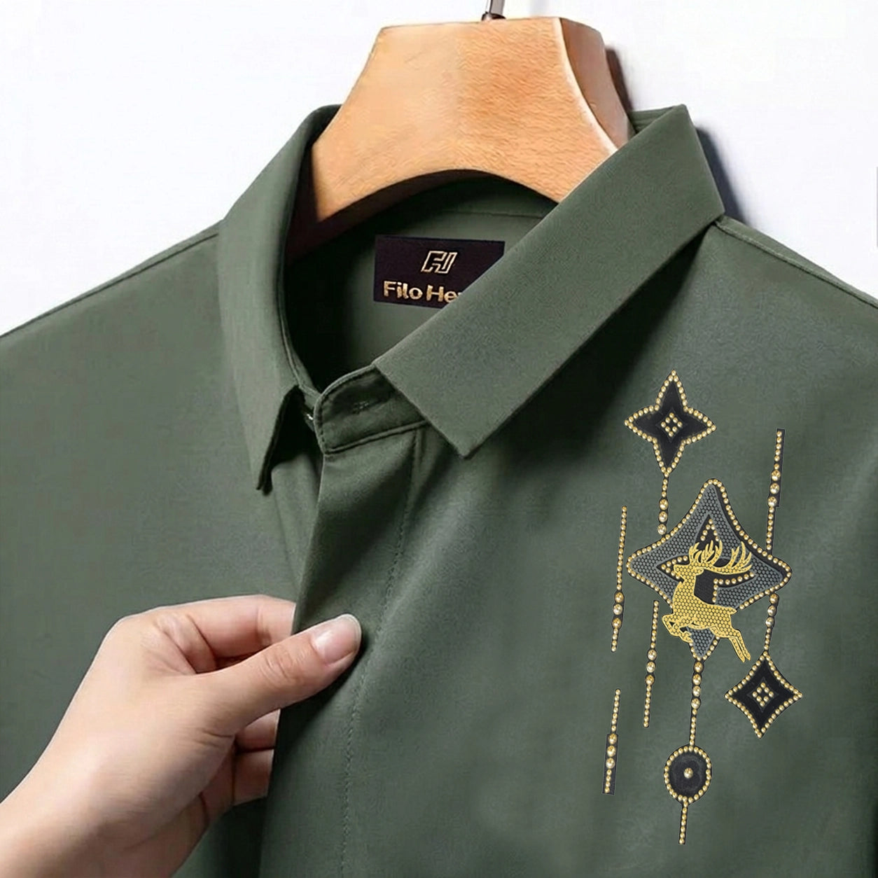 PARTY SHIRTS FOR MEN | PREMIUM SHIRTS | CLUB SHIRTS Deer Embroidery-Olive Green