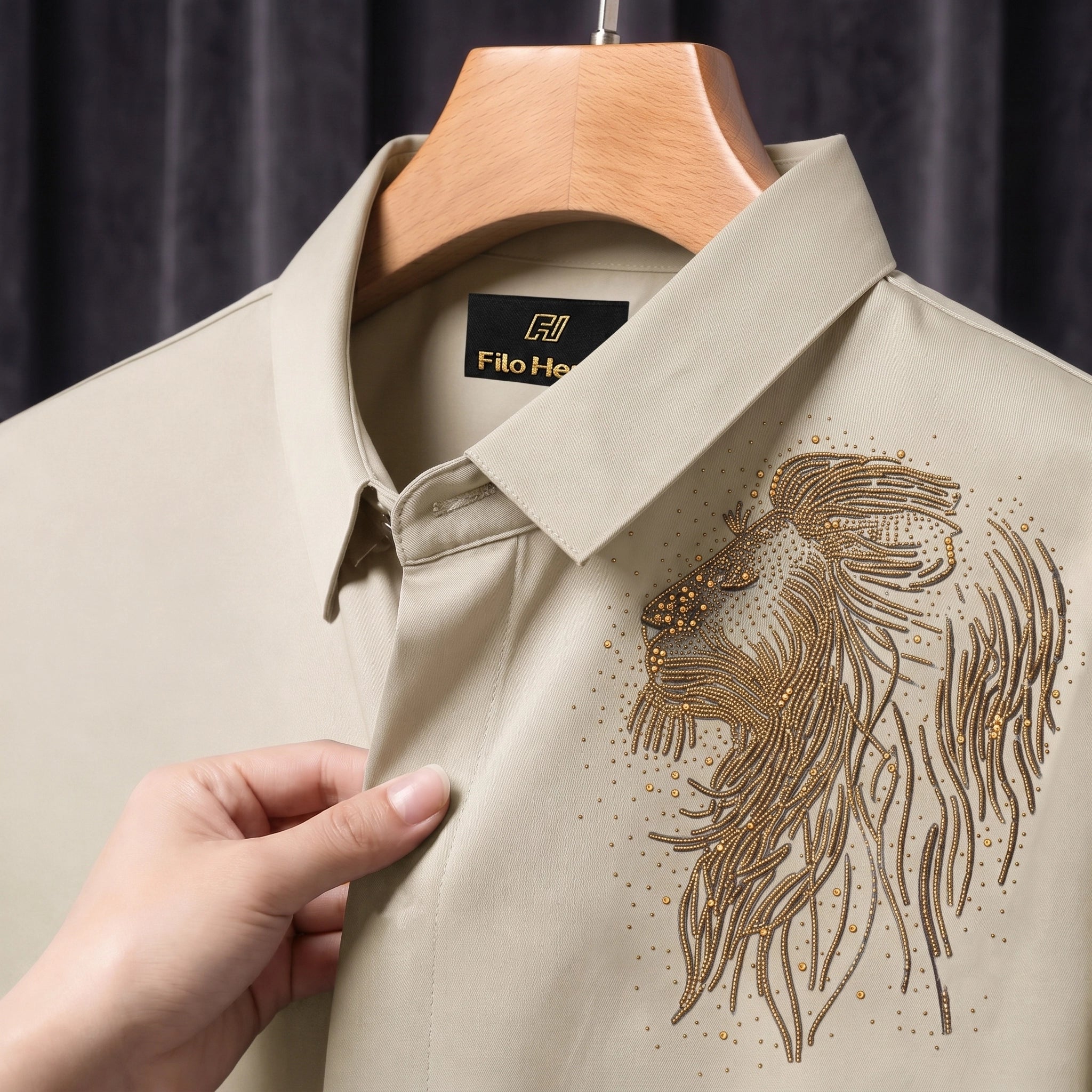 PARTY SHIRTS FOR MEN | PREMIUM SHIRTS | CLUB SHIRTS Lion Embroidery-Beige