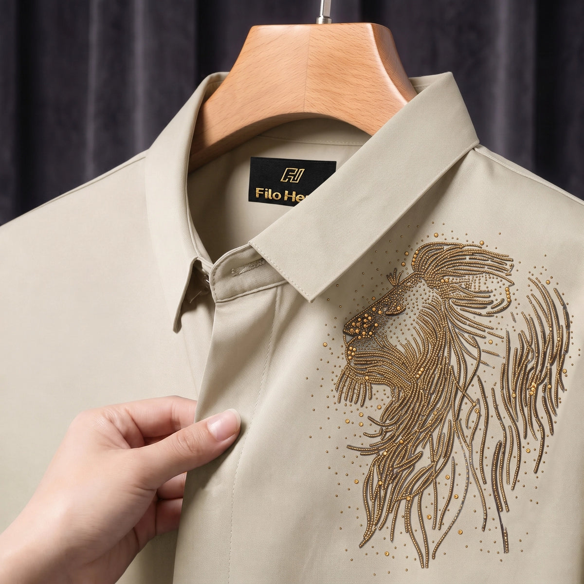 Lion Embroidery Party Shirts | Club Wear | Cream