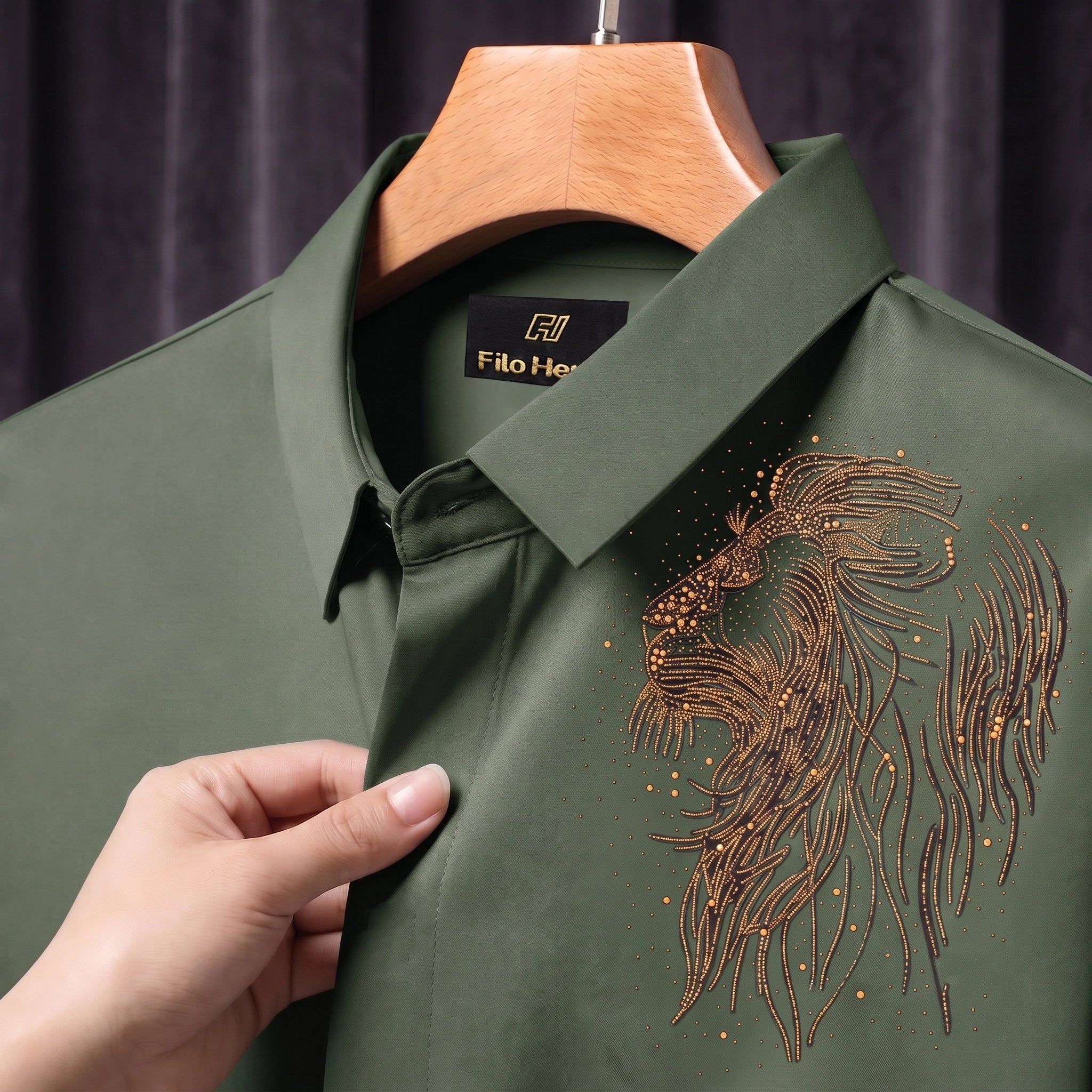 PARTY SHIRTS FOR MEN | PREMIUM SHIRTS | CLUB SHIRTS Lion Embroidery-Olive-Green