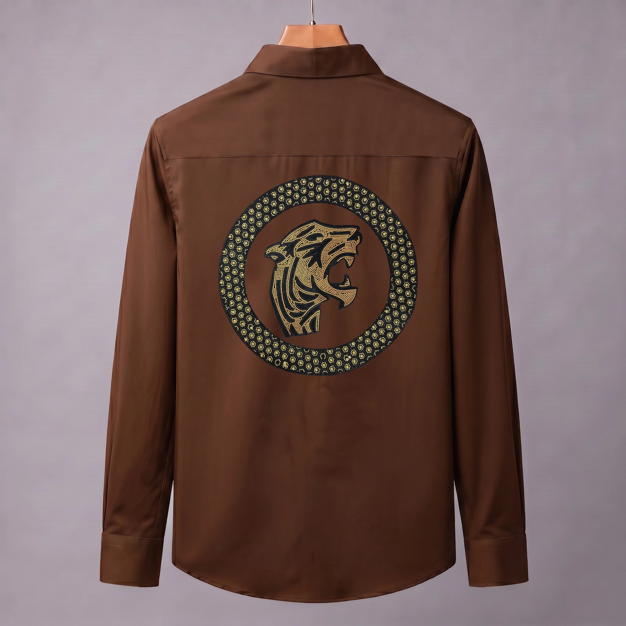 Front & Back Tiger Embroidery Party Shirts | Club Wear | Brown