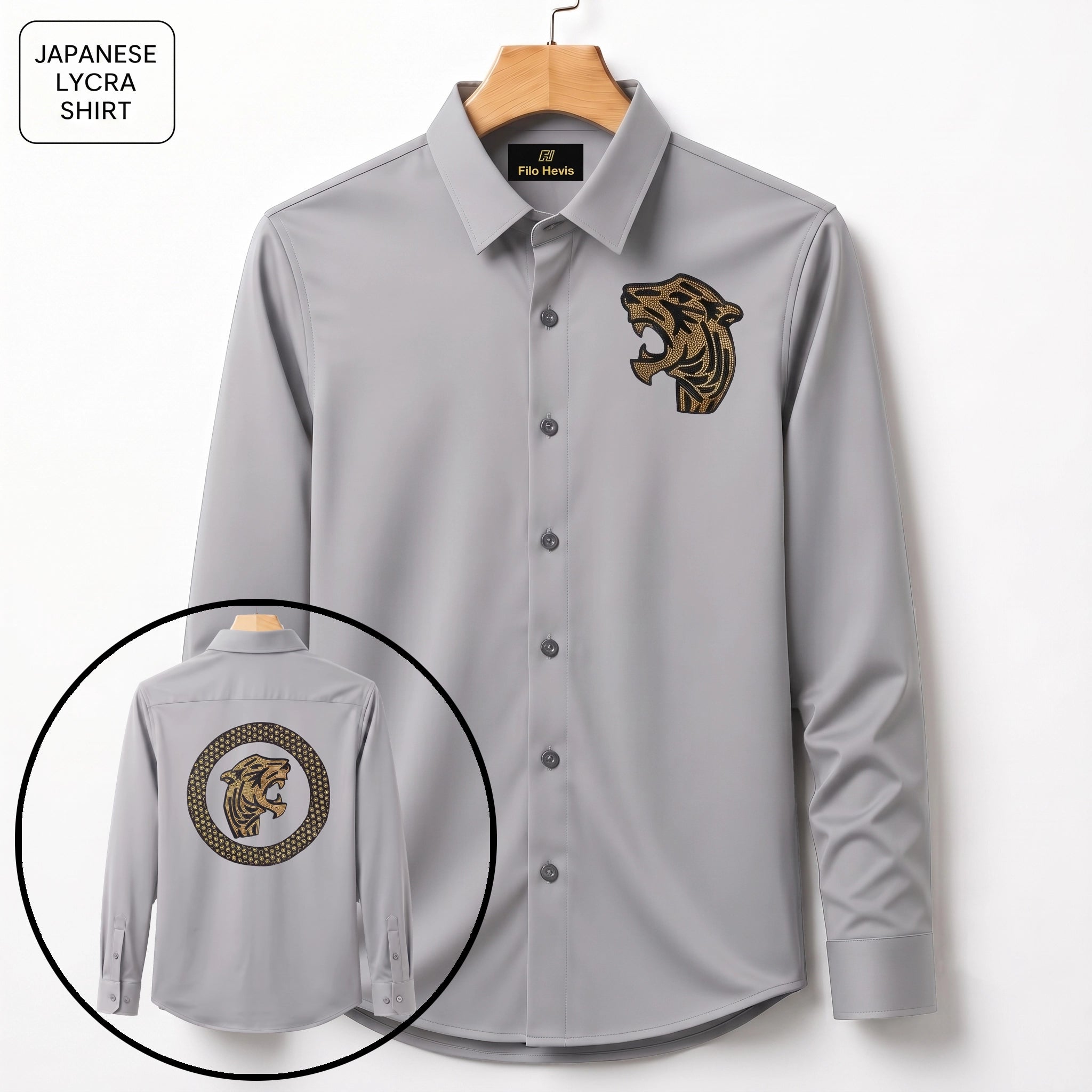 Front & Back Tiger Embroidery Party Shirts | Club Wear | Light Grey