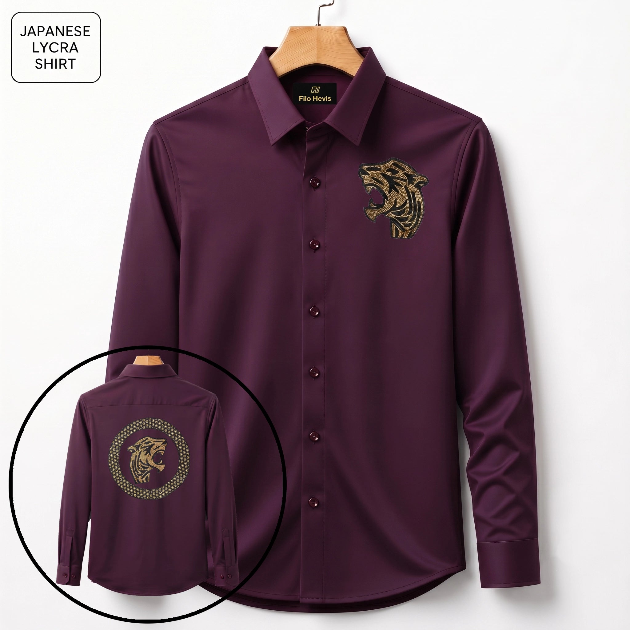 Front & Back Tiger Embroidery Party Shirts | Club Wear | Wine