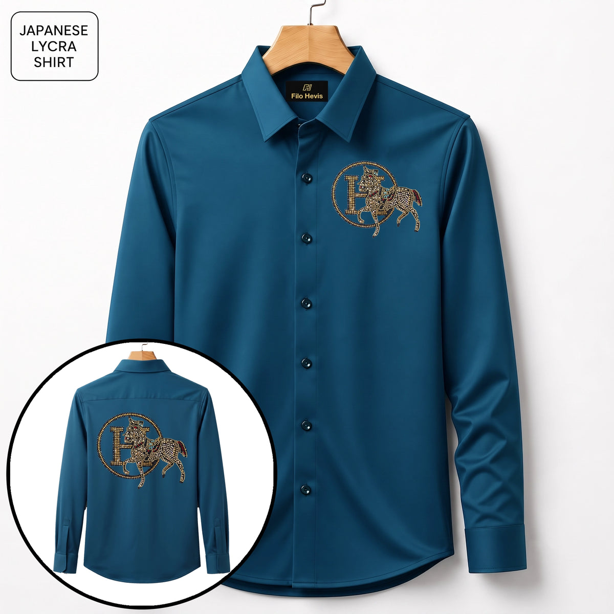 Front & Back Horse Embroidery Party Shirts | Club Wear | Teal Blue