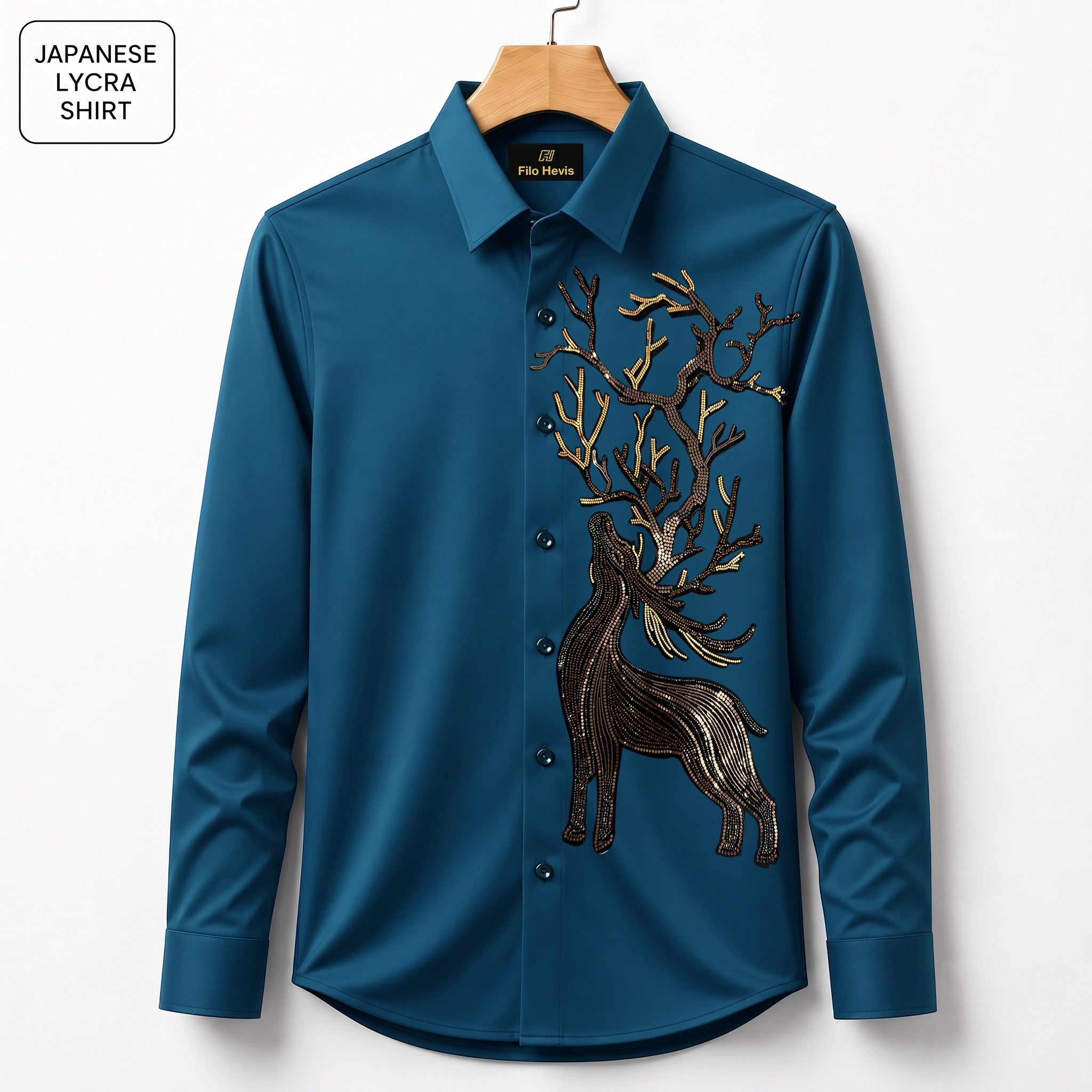 Swamp Deer Embroidery Party Shirts | Club Wear | Teal-Blue