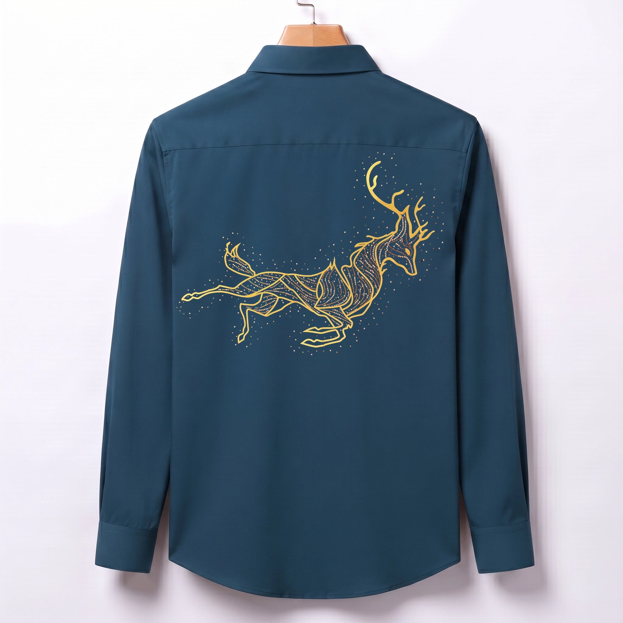 Front & Back Double Deer Embroidery Party Shirts | Club Wear | Teal-Blue