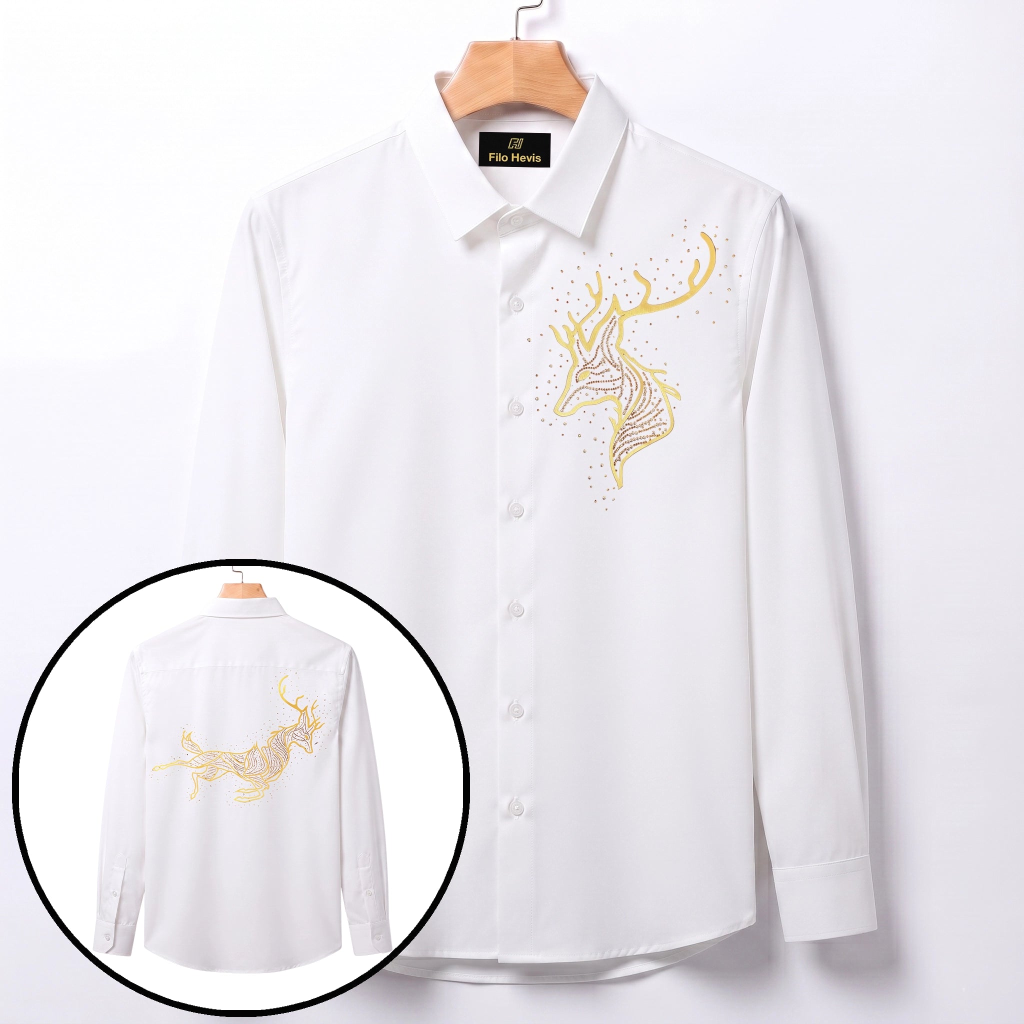 Front & Back Double Deer Embroidery Party Shirts | Club Wear | White