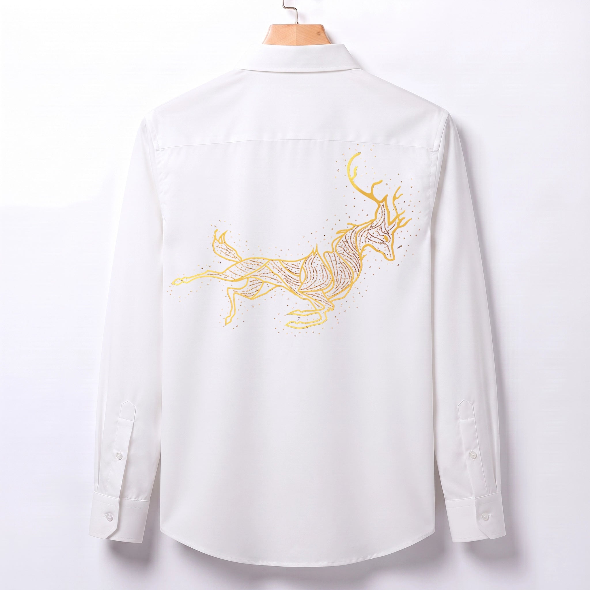 Front & Back Double Deer Embroidery Party Shirts | Club Wear | White