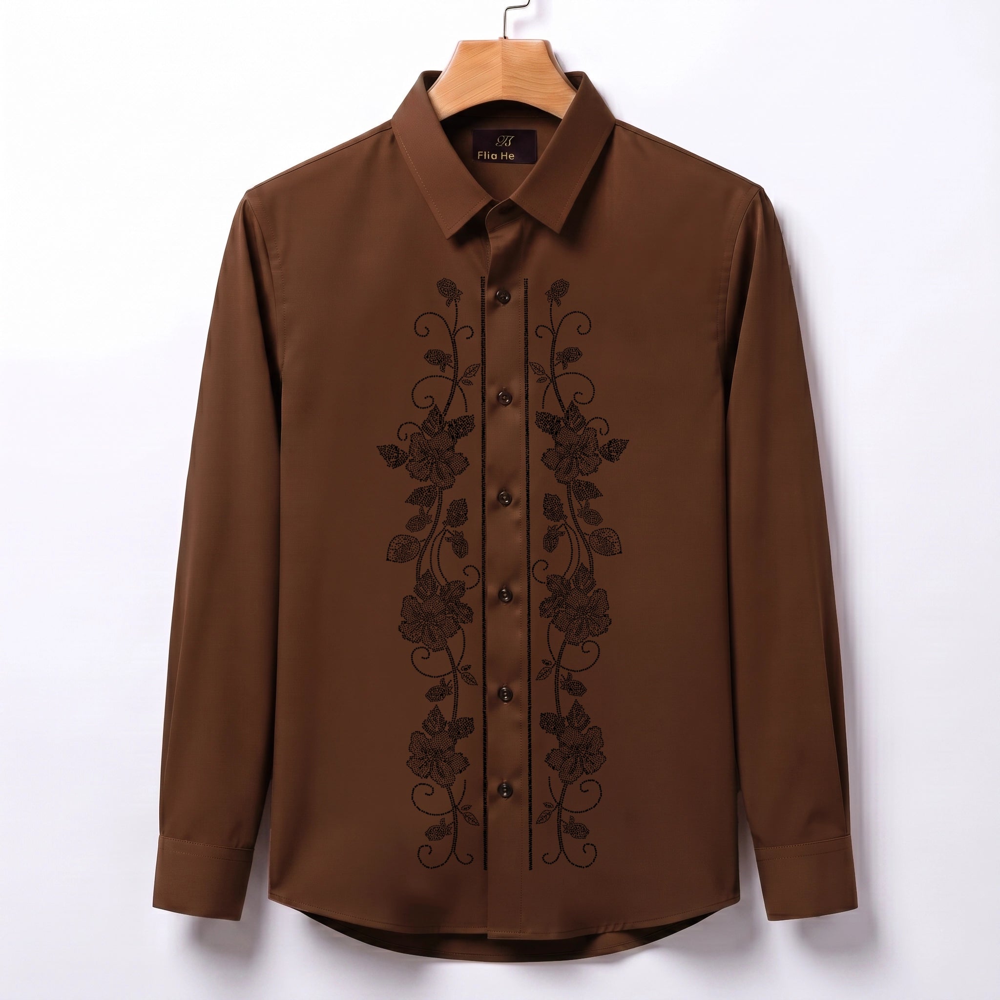 Flower Embroidery Party Shirts | Club Wear | Brown