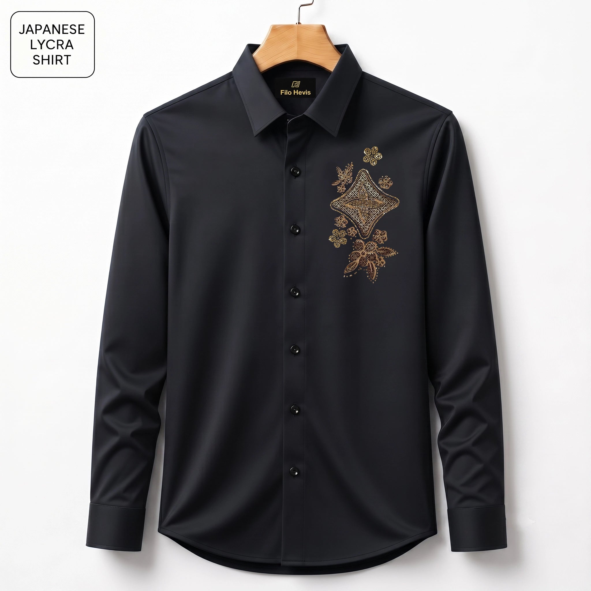 Floral Patch Embroidery Party Shirts | Club Wear | Black