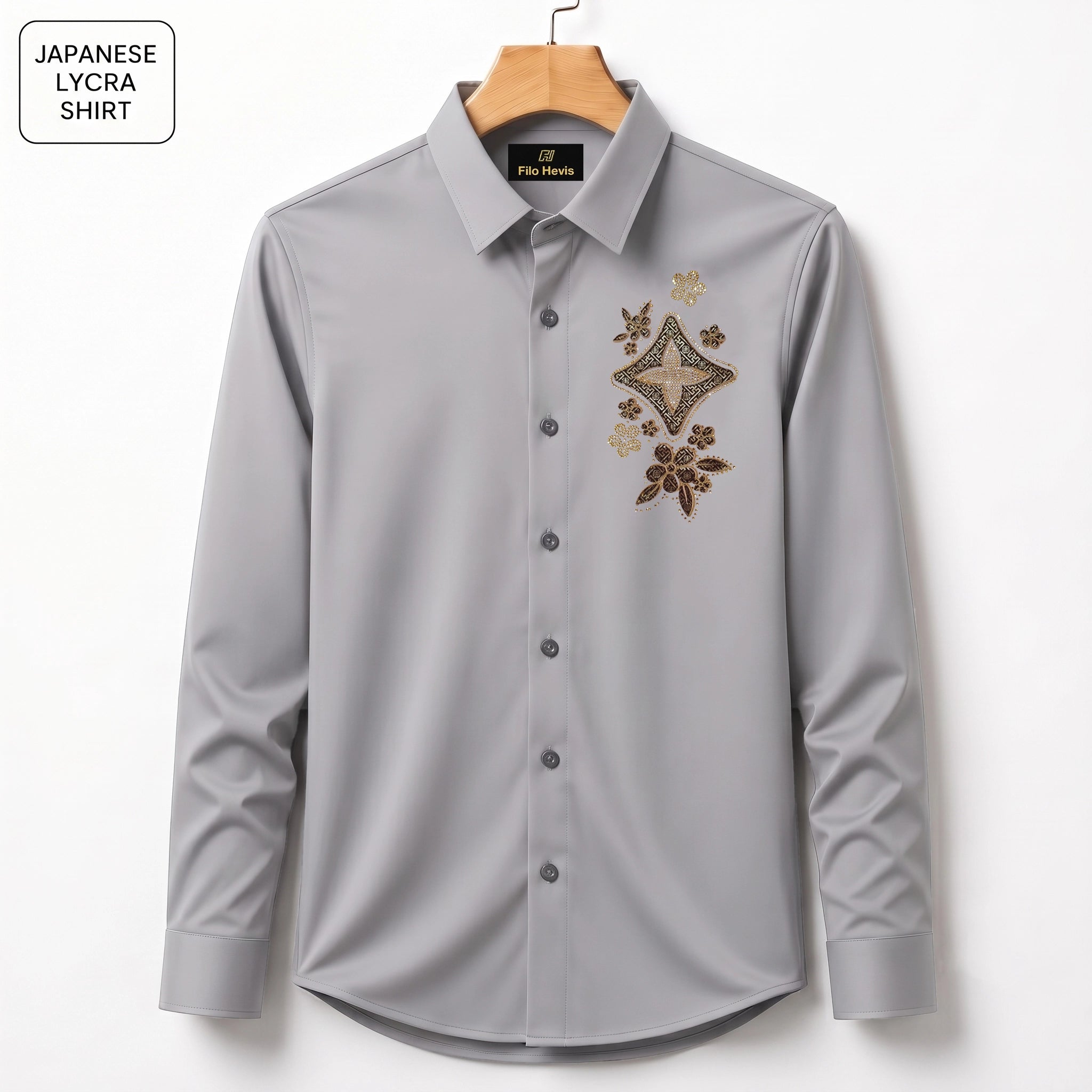 Floral Patch Embroidery Party Shirts | Club Wear | Light Grey