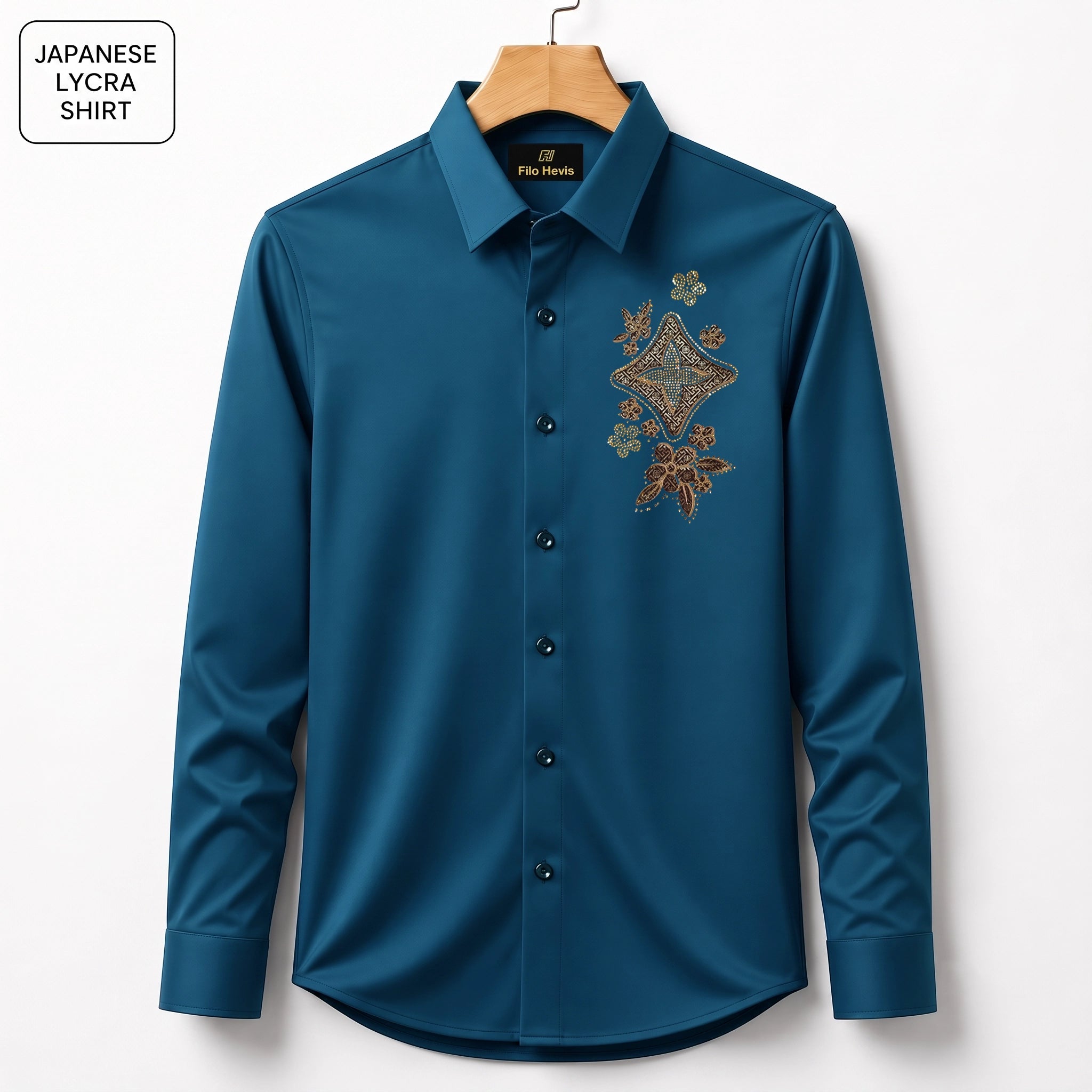 Floral Patch Embroidery Party Shirts | Club Wear | Teal Blue