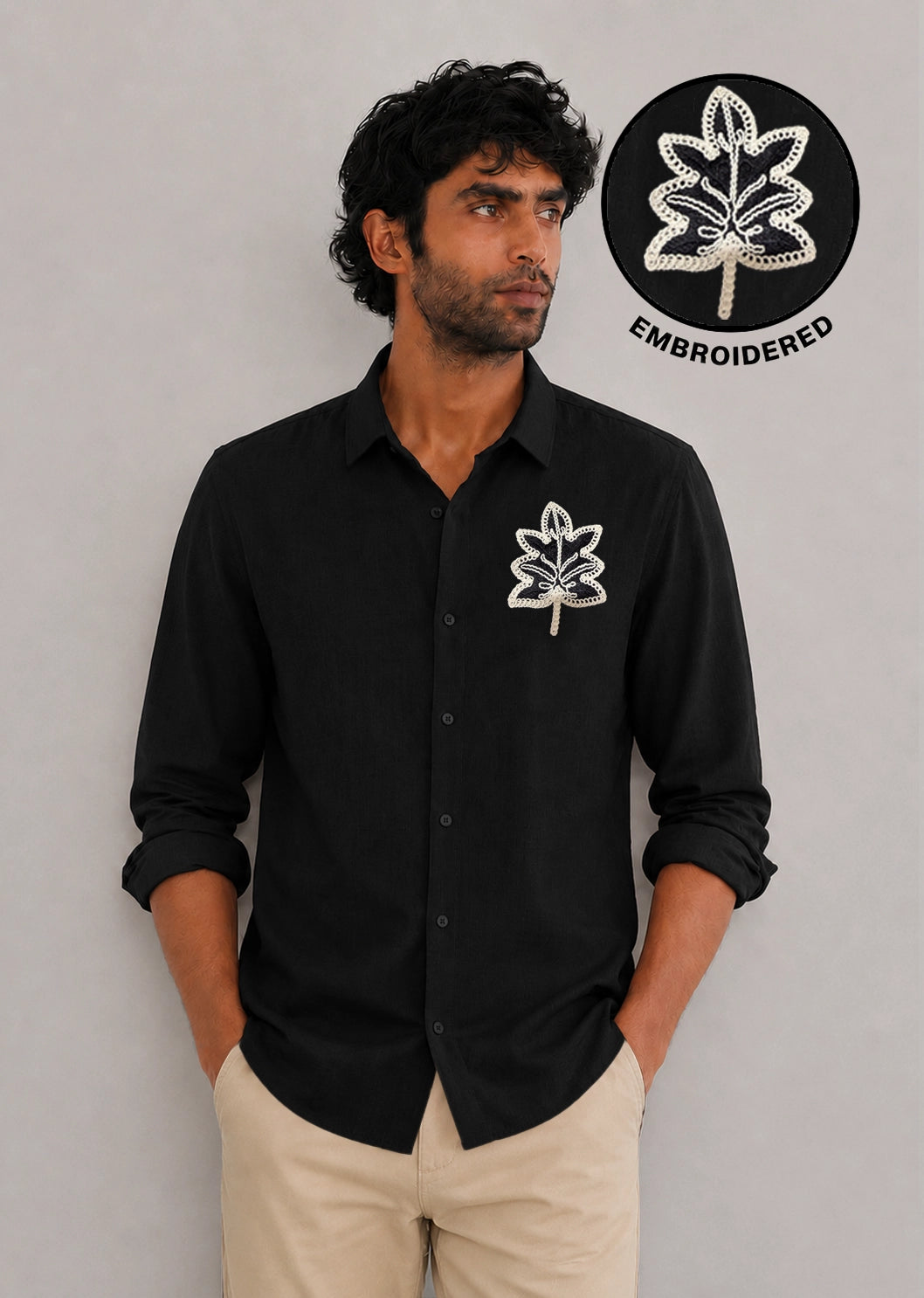 Leaf Botanical Embroidery Textured Shirt | Black