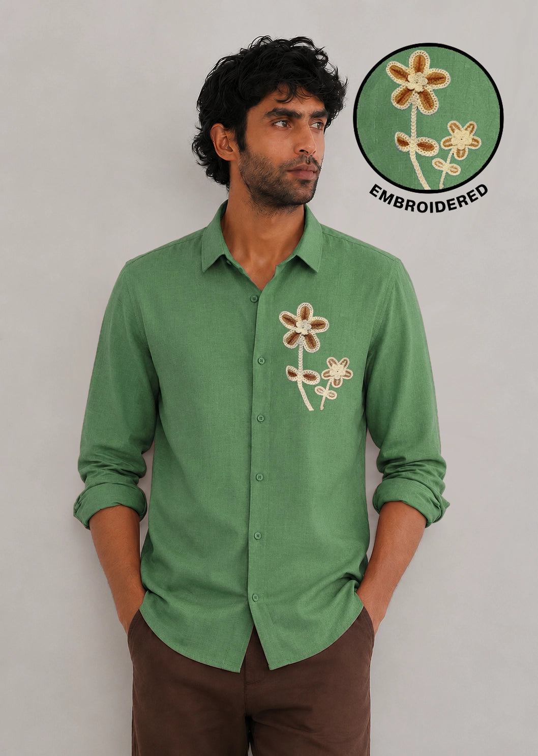 Flower Botanical Embroidery Textured Shirt | Green