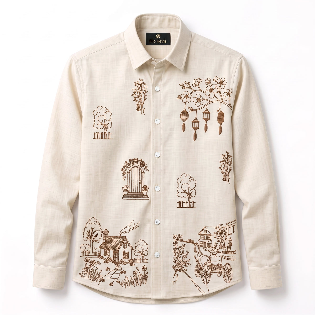 Men's Crush Fabric | Embroidery Printed | Full Sleeve Shirt | Cream