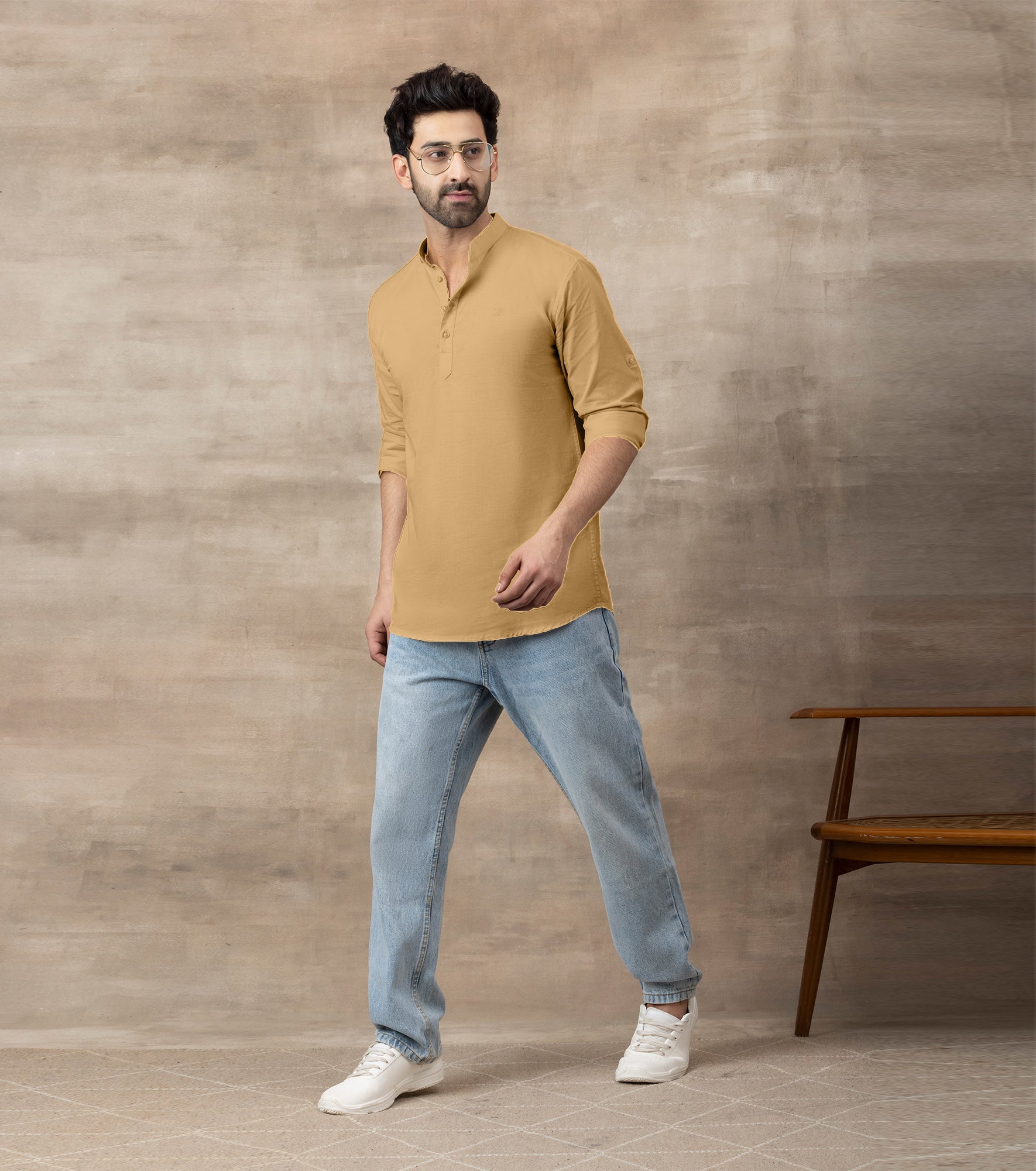 Cotton Chinese Collar Short Kurta for Men | Traditional Nehru Ethnic Shirts | Daily Wear-Beige