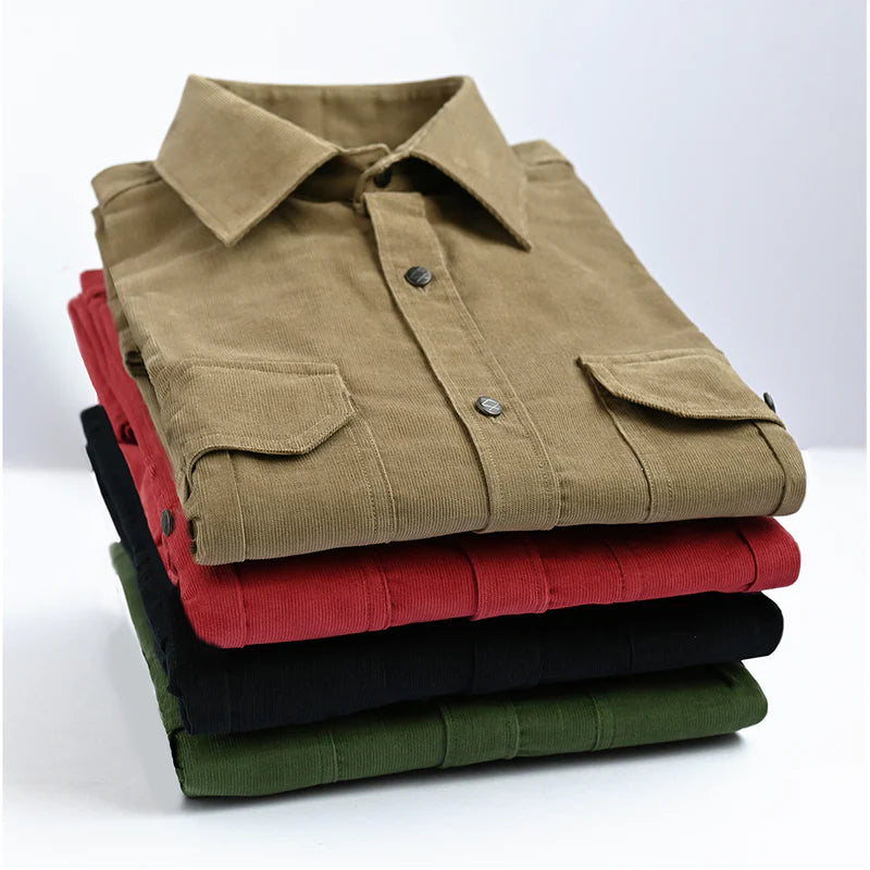 MEN’S CORDUROY SHIRT FOR WINTER STYLE | 21-WALES CORDUROY | DOUBLE POCKET | EMERALD-White