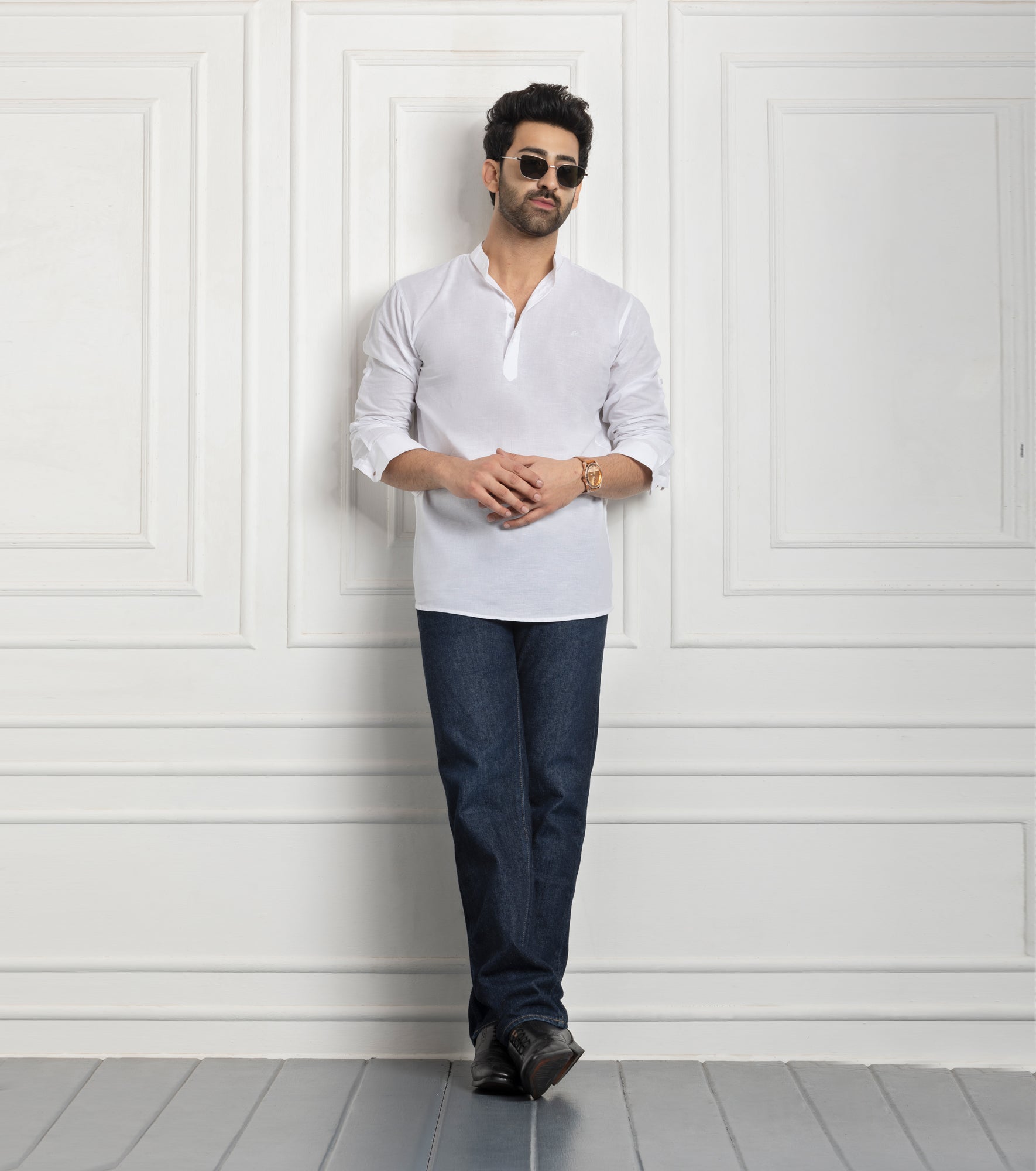 Cotton Chinese Collar Short Kurta for Men | Traditional Nehru Ethnic Shirts | Daily Wear-White