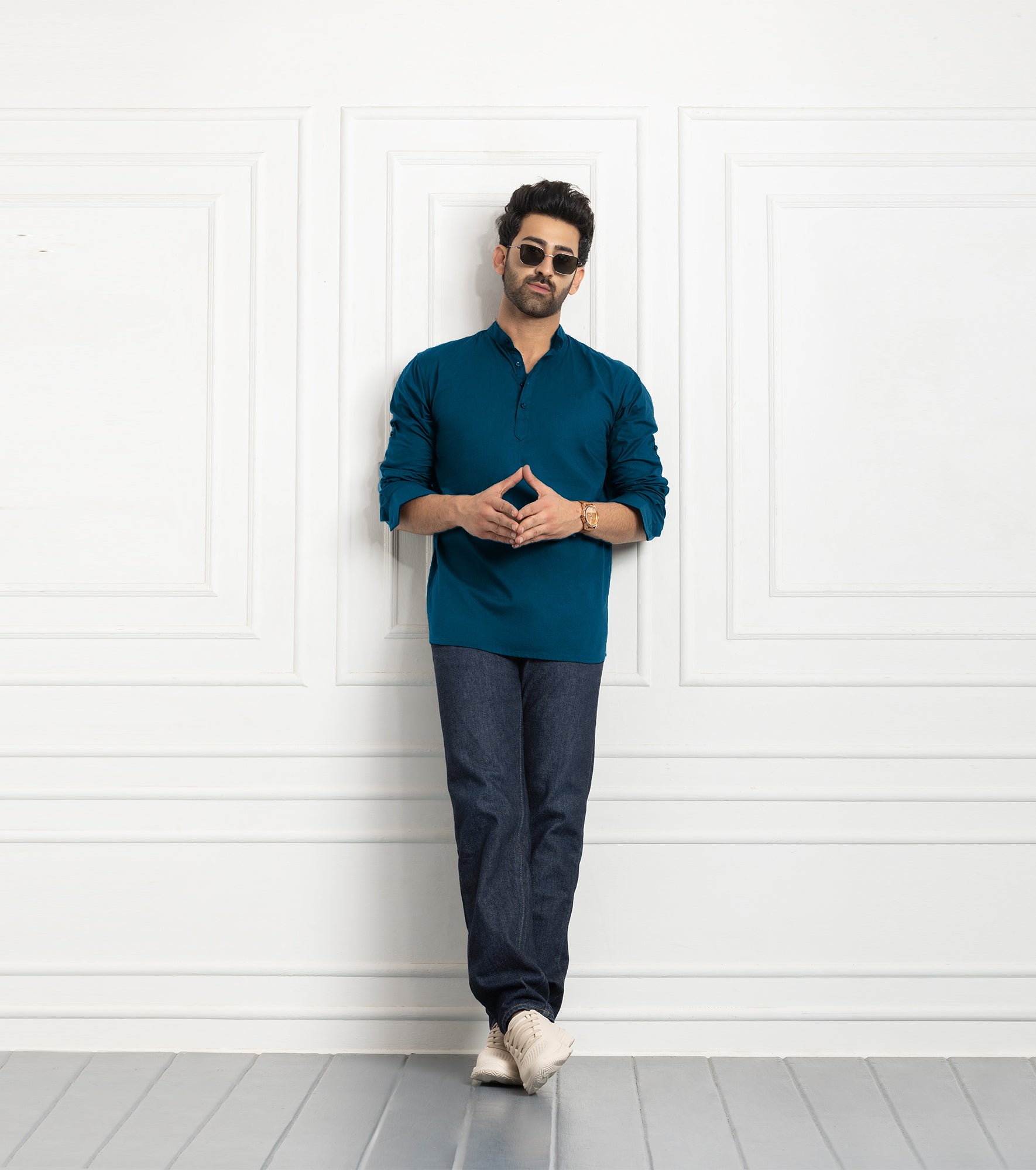 Cotton Chinese Collar Short Kurta for Men | Traditional Nehru Ethnic Shirts | Daily Wear-Teal Blue