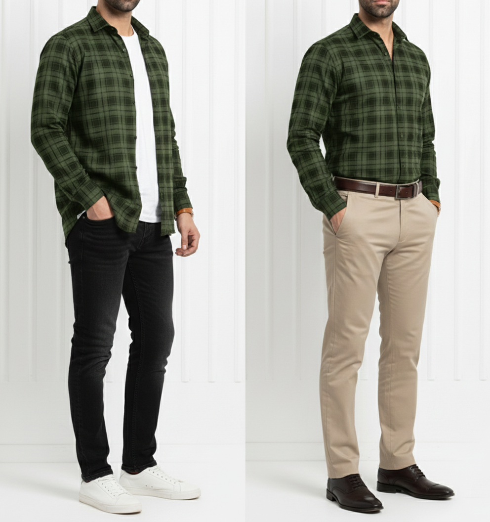 FORMAL COTTON CHECK SHIRTS FOR MEN - Green Plaid (Long Sleeve) My Store