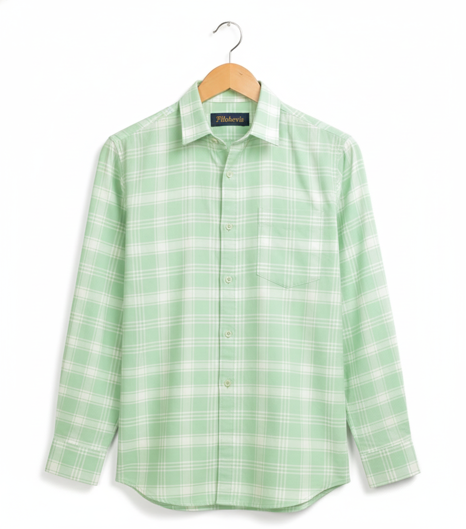 FORMAL COTTON CHECK SHIRTS FOR MEN - Light Green Plaid (Long Sleeve)