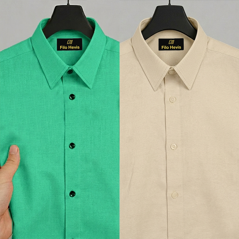 Combo of 2 Filafil Fabric Regular Fit Formal Shirts – Green & Cream (Single Pocket)