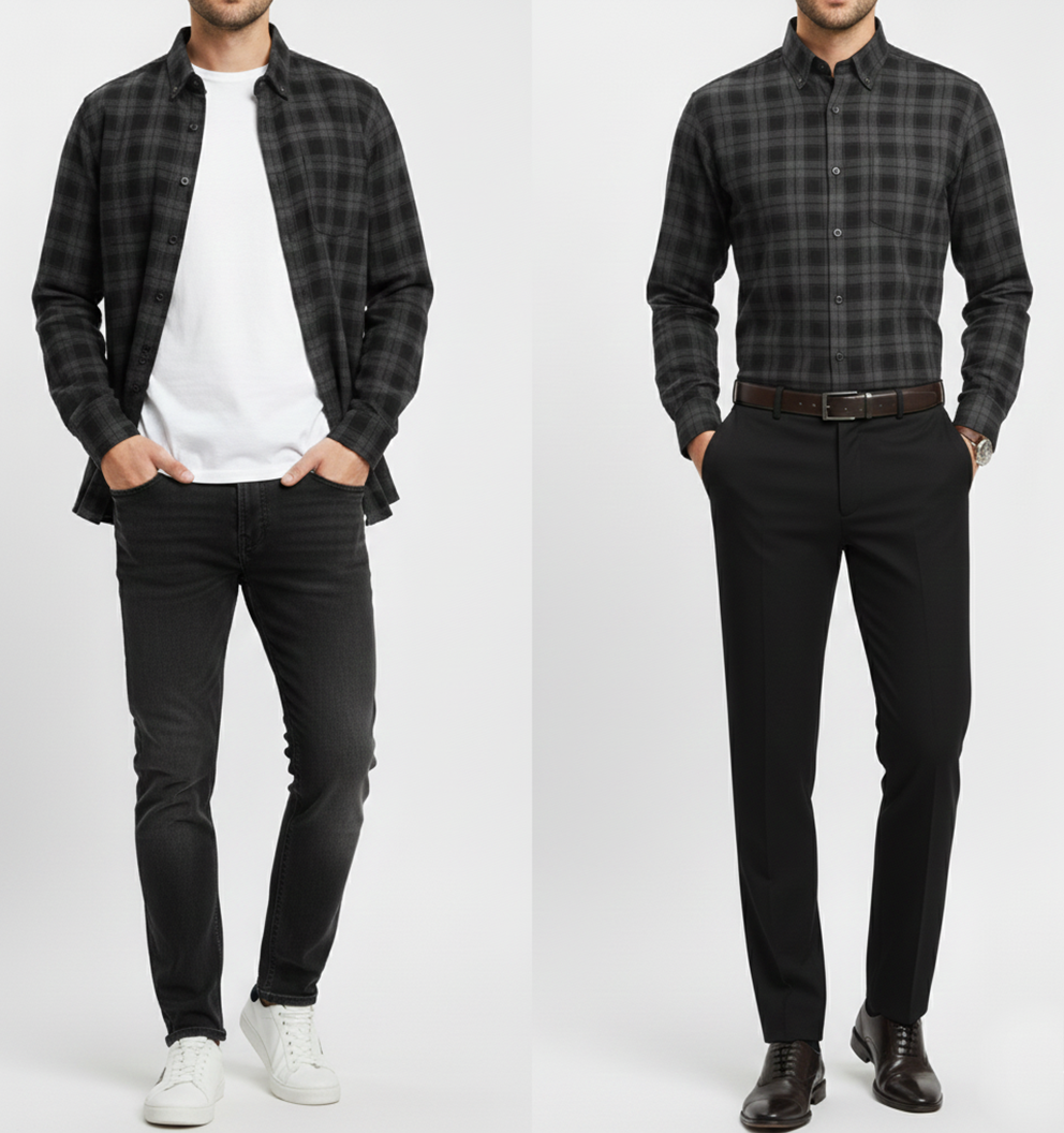 FORMAL COTTON CHECK SHIRTS FOR MEN - Dark Grey Plaid (Long Sleeve) Filo Hevis