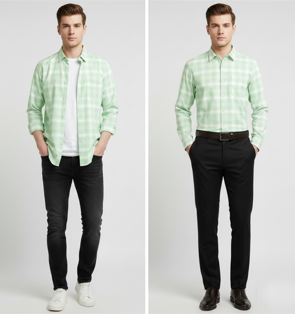 FORMAL COTTON CHECK SHIRTS FOR MEN - Light Green Plaid (Long Sleeve)