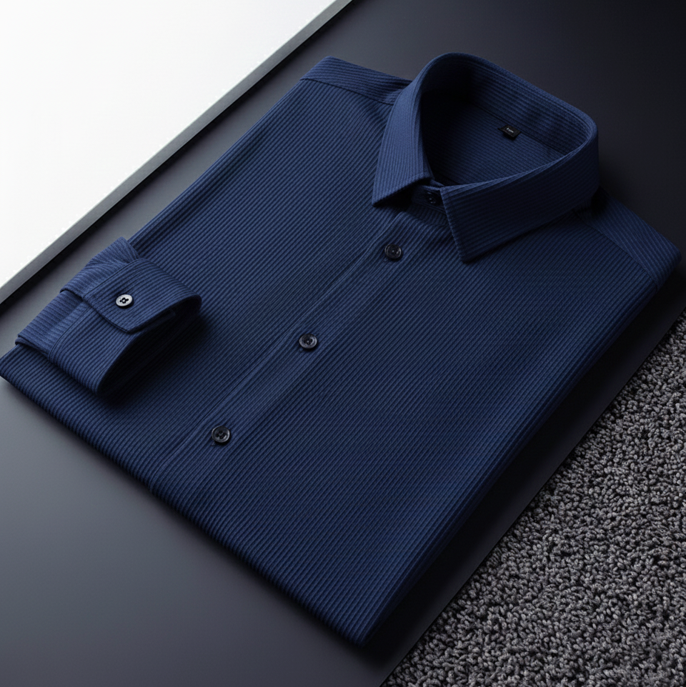 Corduroy Inspired Self-Cord Casual Shirts for Men Blended Fabric - Navy Blue