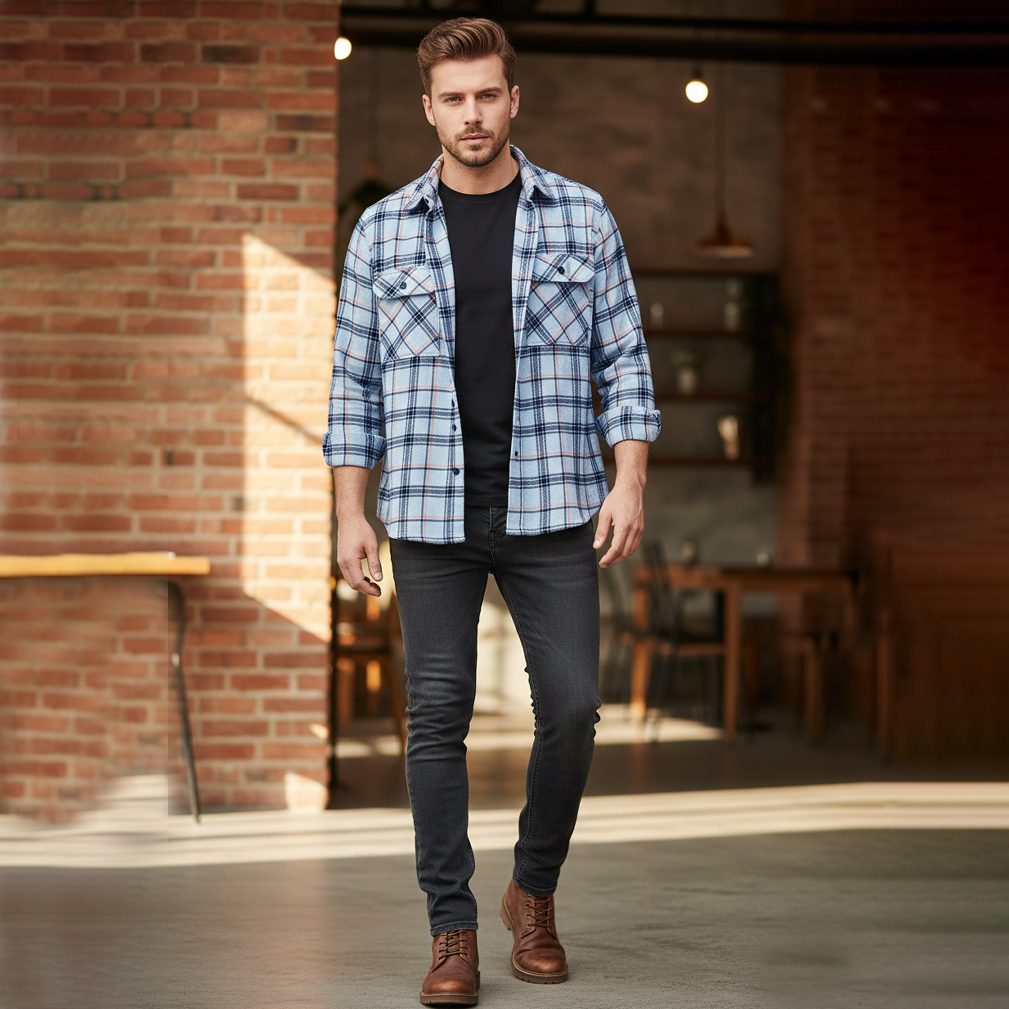 Menβs Sky Blue Winter Check Shirt | Full Sleeves