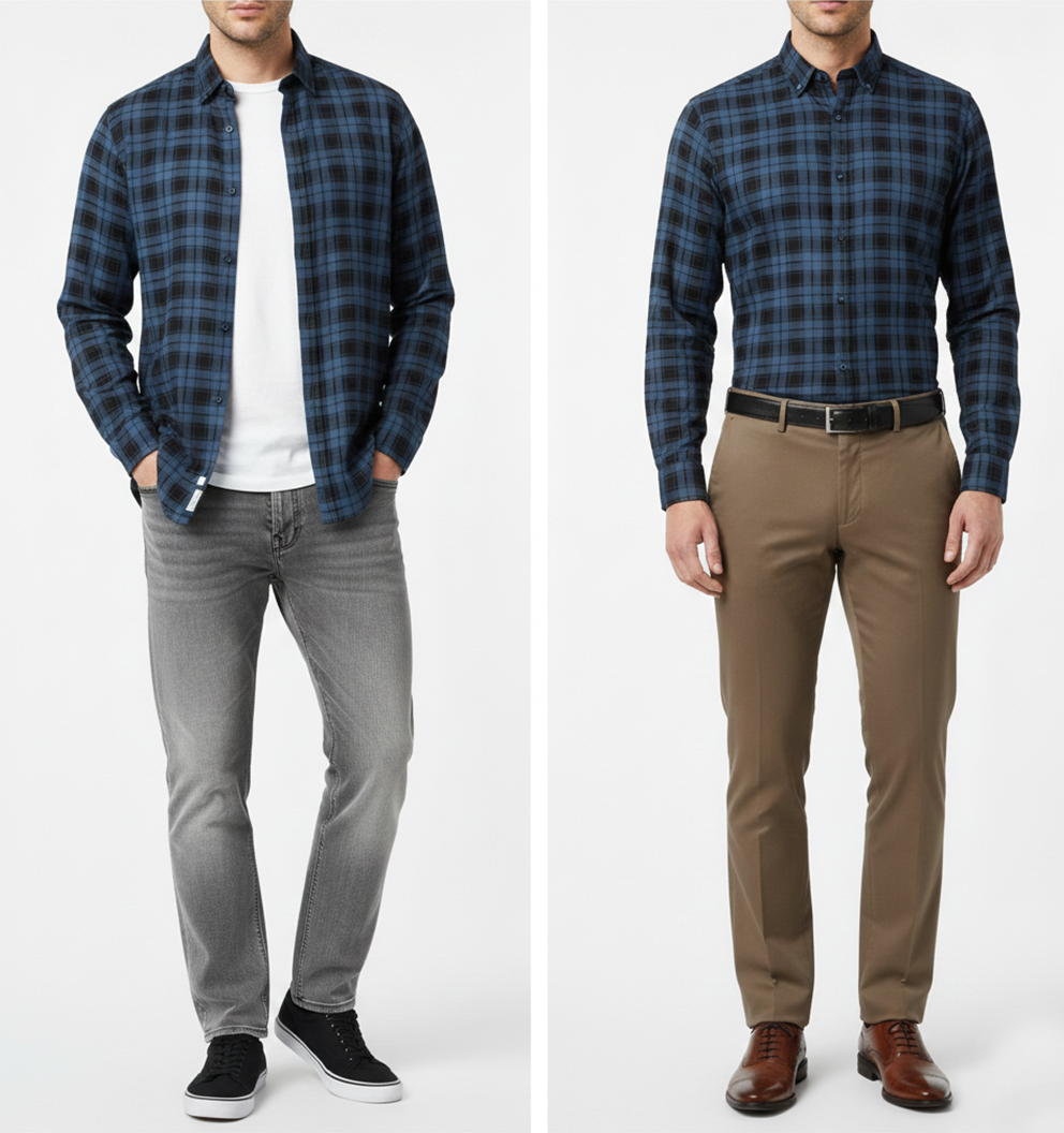 FORMAL COTTON CHECK SHIRTS FOR MEN - Blue Plaid (Long Sleeve) Filo Hevis