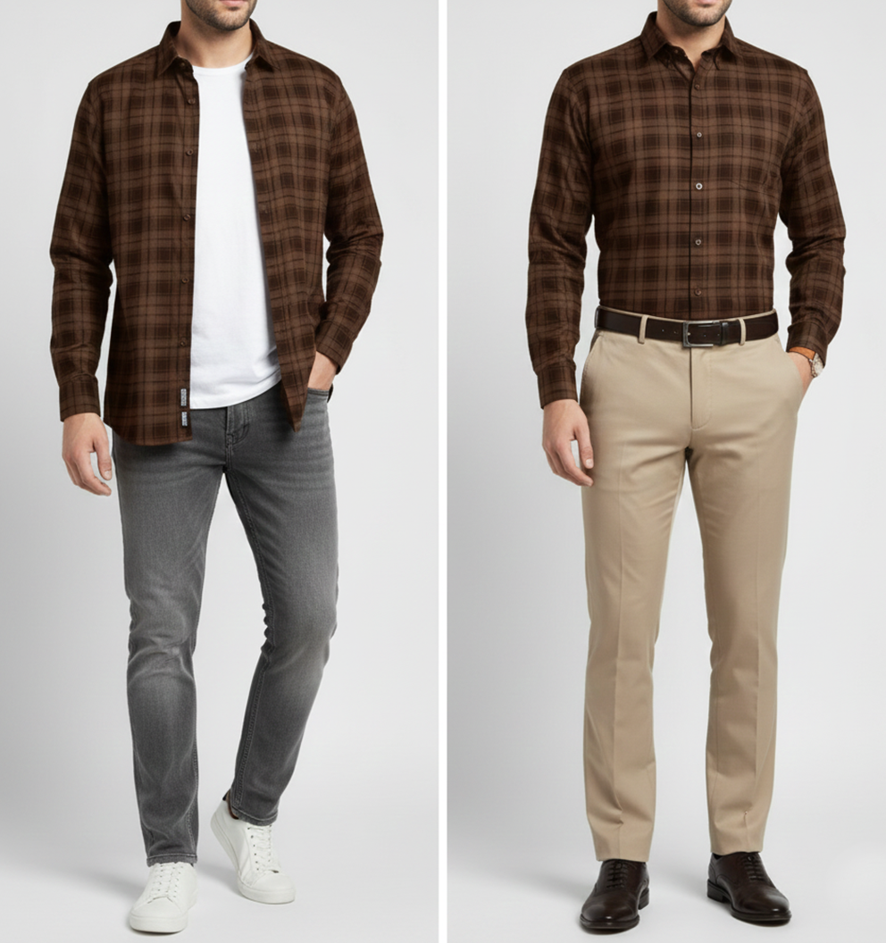 FORMAL COTTON CHECK SHIRTS FOR MEN - Brown Plaid (Long Sleeve) Filo Hevis
