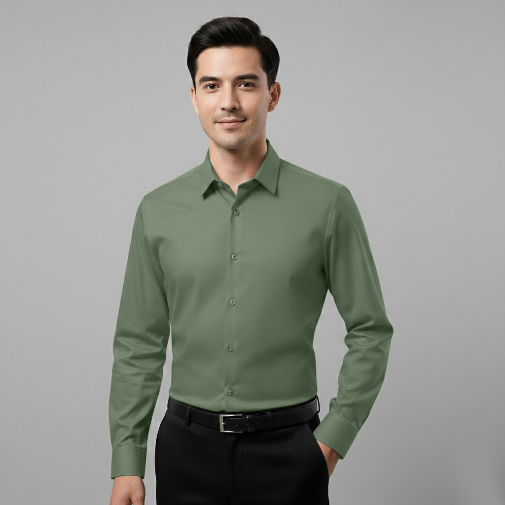 Japanese Lycra Premium Stretch Shirt–Lavender Mist | Ultra-Smooth Formal Fit | Olive Green