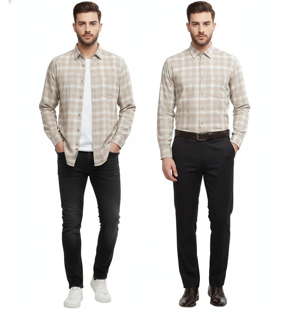 FORMAL COTTON CHECK SHIRTS FOR MEN - Light Brown Plaid (Long Sleeve)
