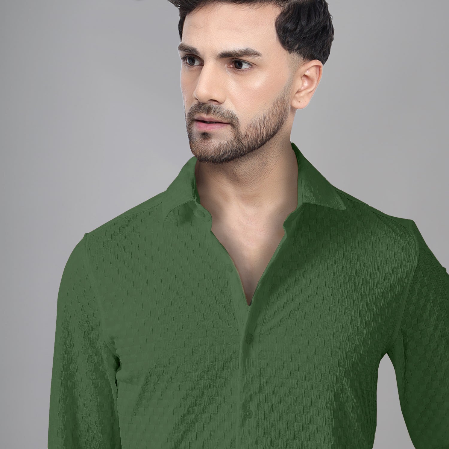 Man's Casual Checks Textured Popcorn Shirts- Green