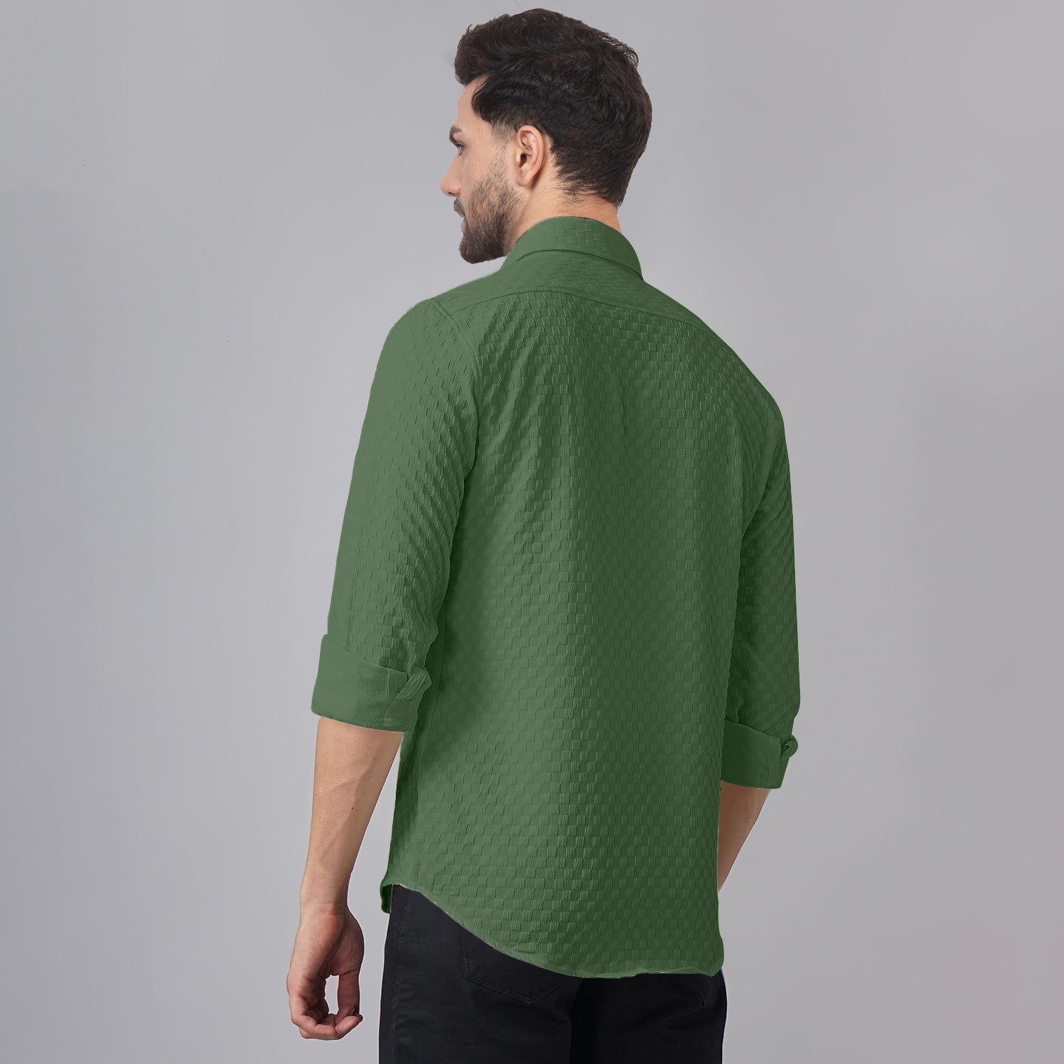 Man's Casual Checks Textured Popcorn Shirts- Green
