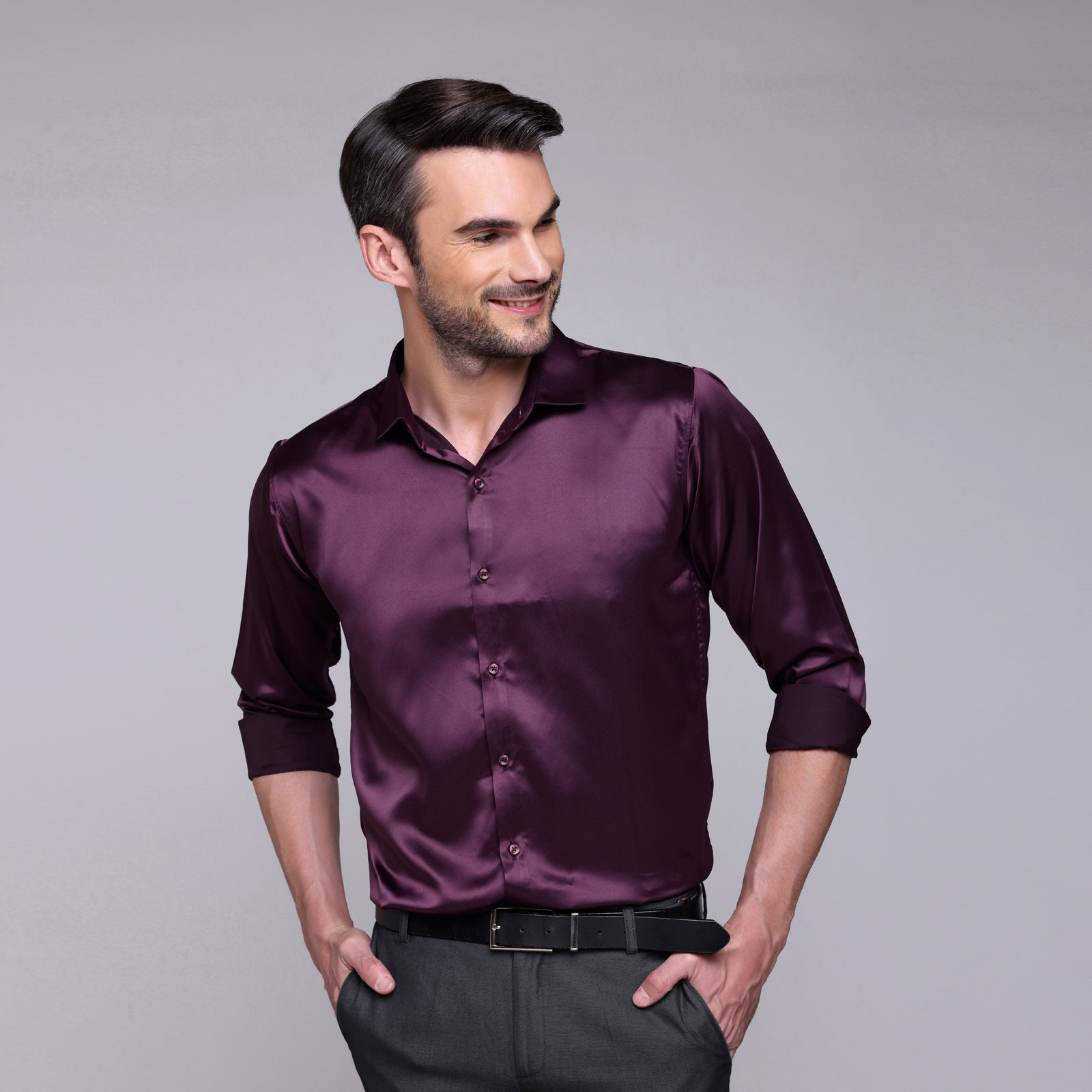 PREMIUM SATIN SHIRT | FORMAL SHIRT FOR MEN | LUXURIOUS SATIN LYCRA PARTY WEAR-Wine/Purple Shirt