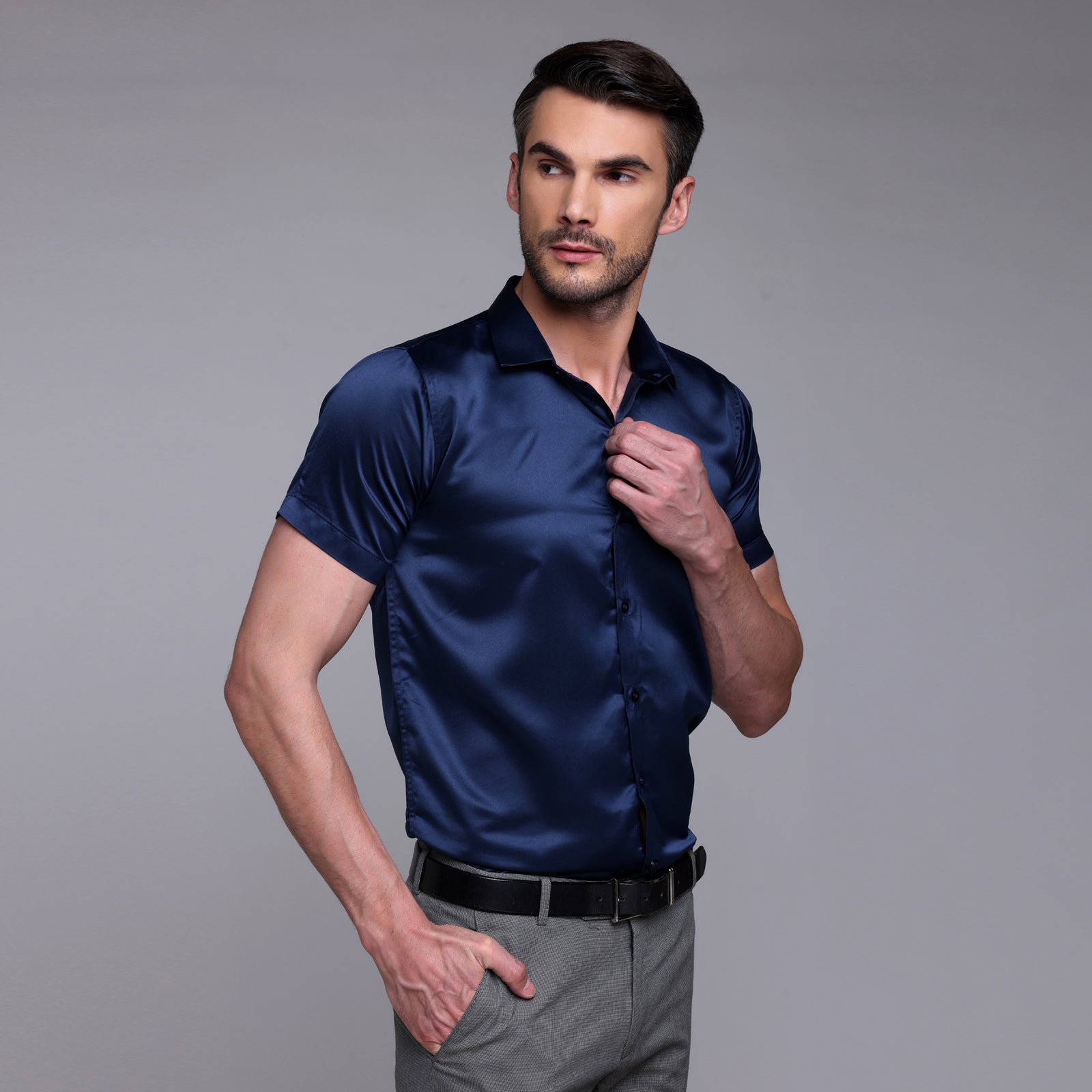 Satin Half Formal Shirt Navy Blue Color