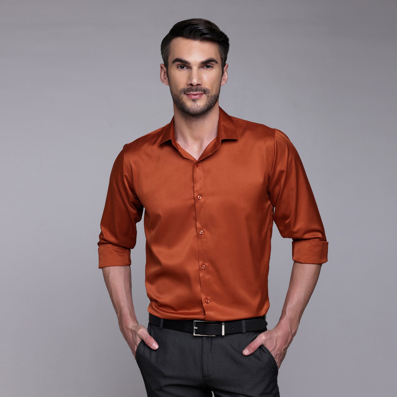 PREMIUM SATIN SHIRT | FORMAL SHIRT FOR MEN | LUXURIOUS SATIN LYCRA PARTY WEAR-Orange Shirt