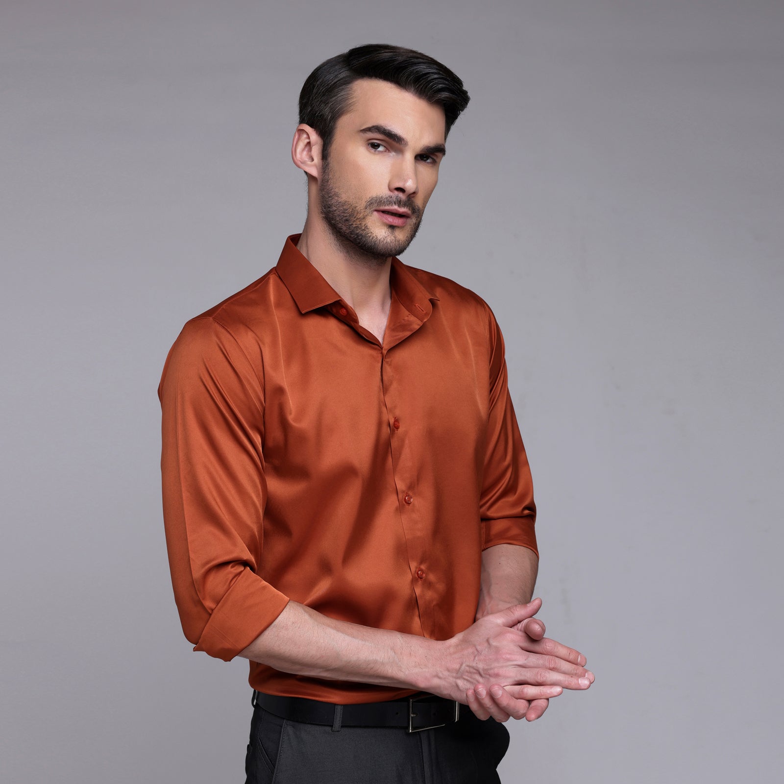 PREMIUM SATIN SHIRT | FORMAL SHIRT FOR MEN | LUXURIOUS SATIN LYCRA PARTY WEAR-Orange Shirt