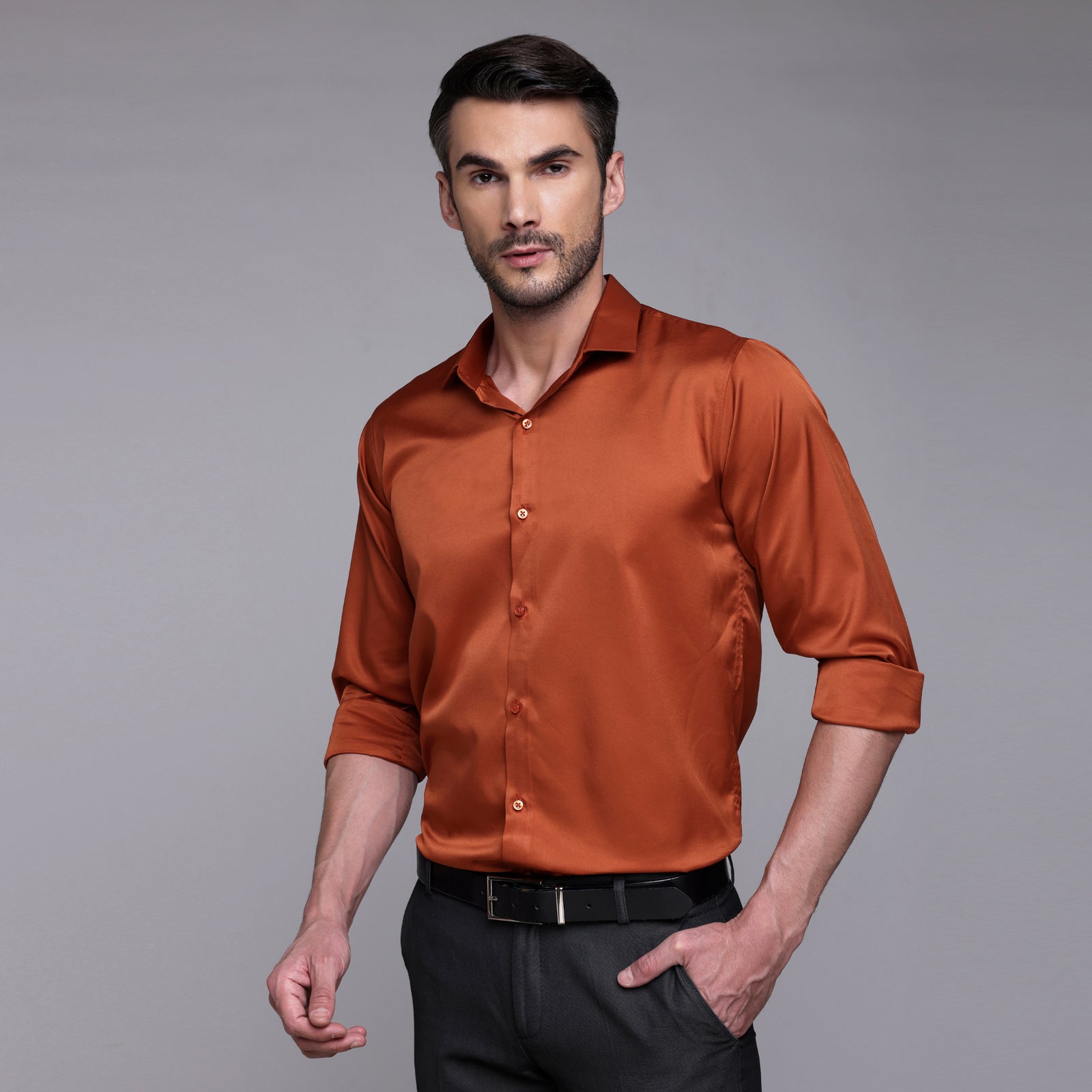 PREMIUM SATIN SHIRT | FORMAL SHIRT FOR MEN | LUXURIOUS SATIN LYCRA PARTY WEAR-Orange Shirt