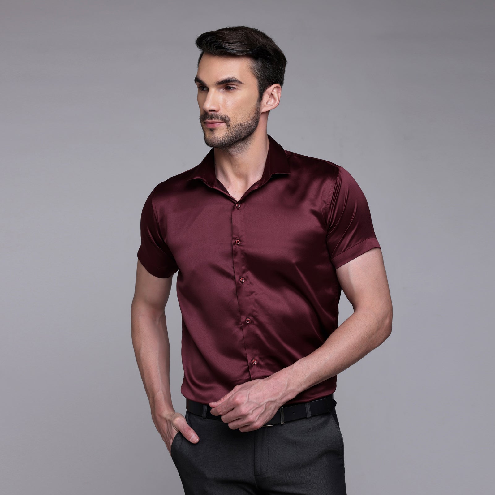Satin Half Formal Shirt Dark Maroon Color