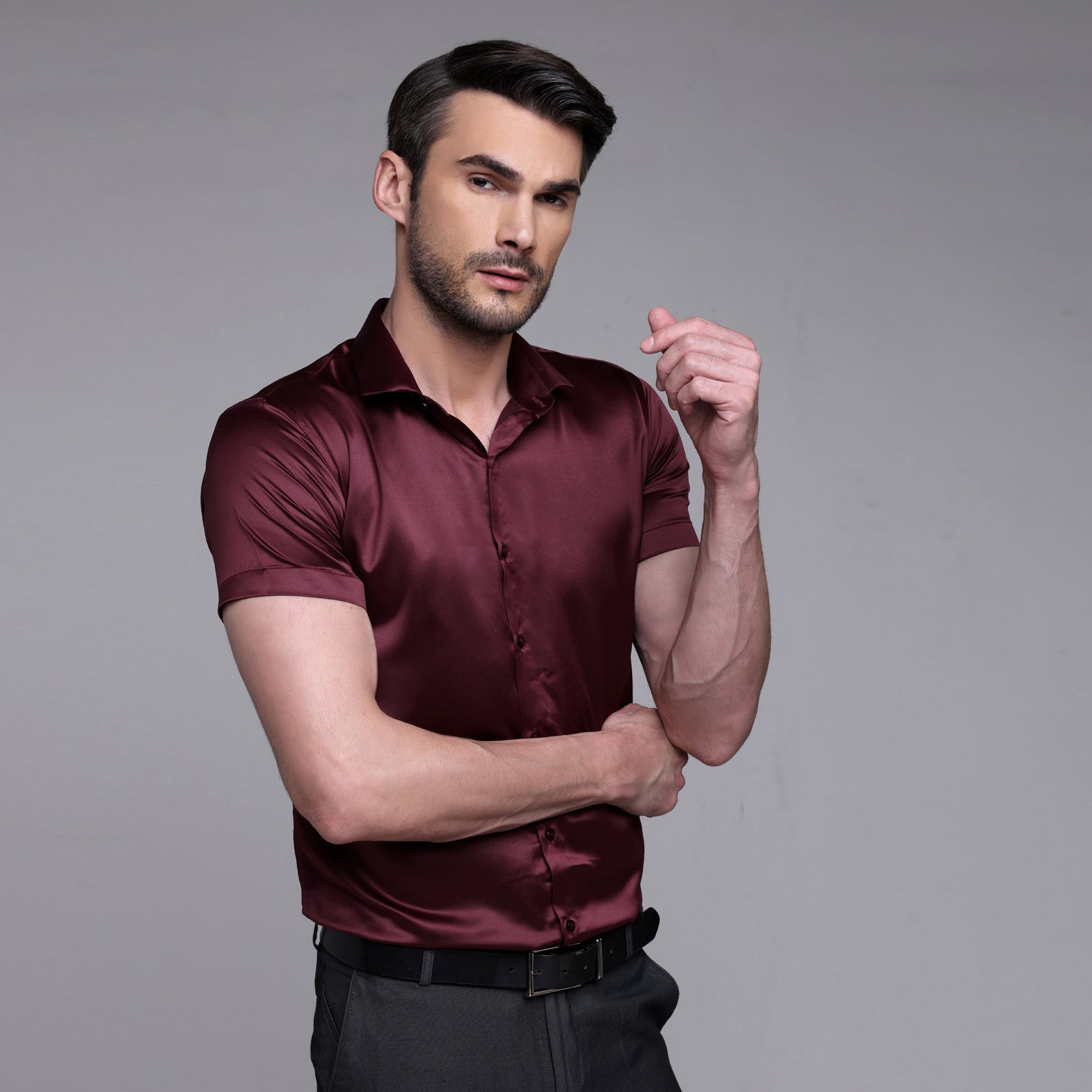Satin Half Formal Shirt Dark Maroon Color - Main Image