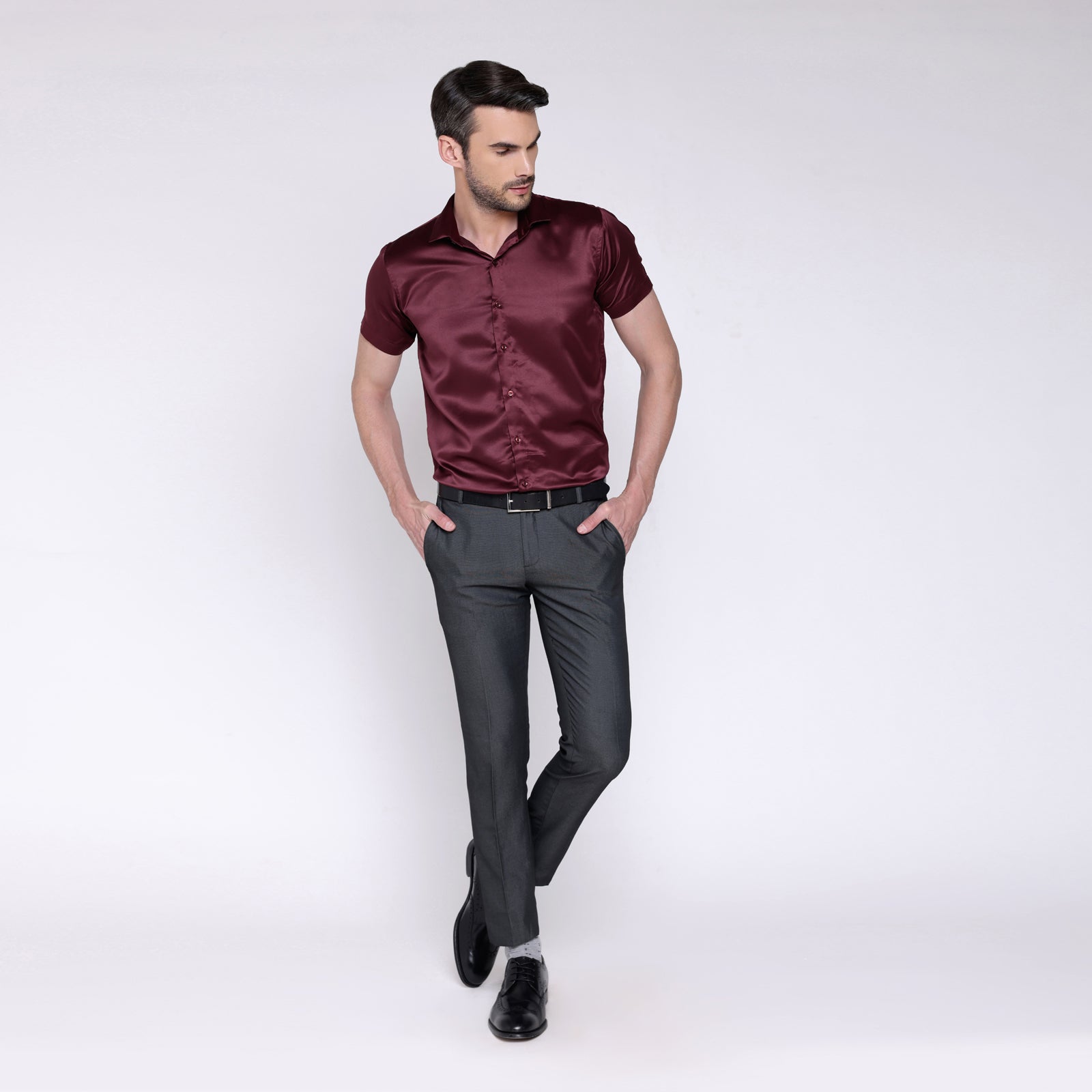 Satin Half Formal Shirt Dark Maroon Color
