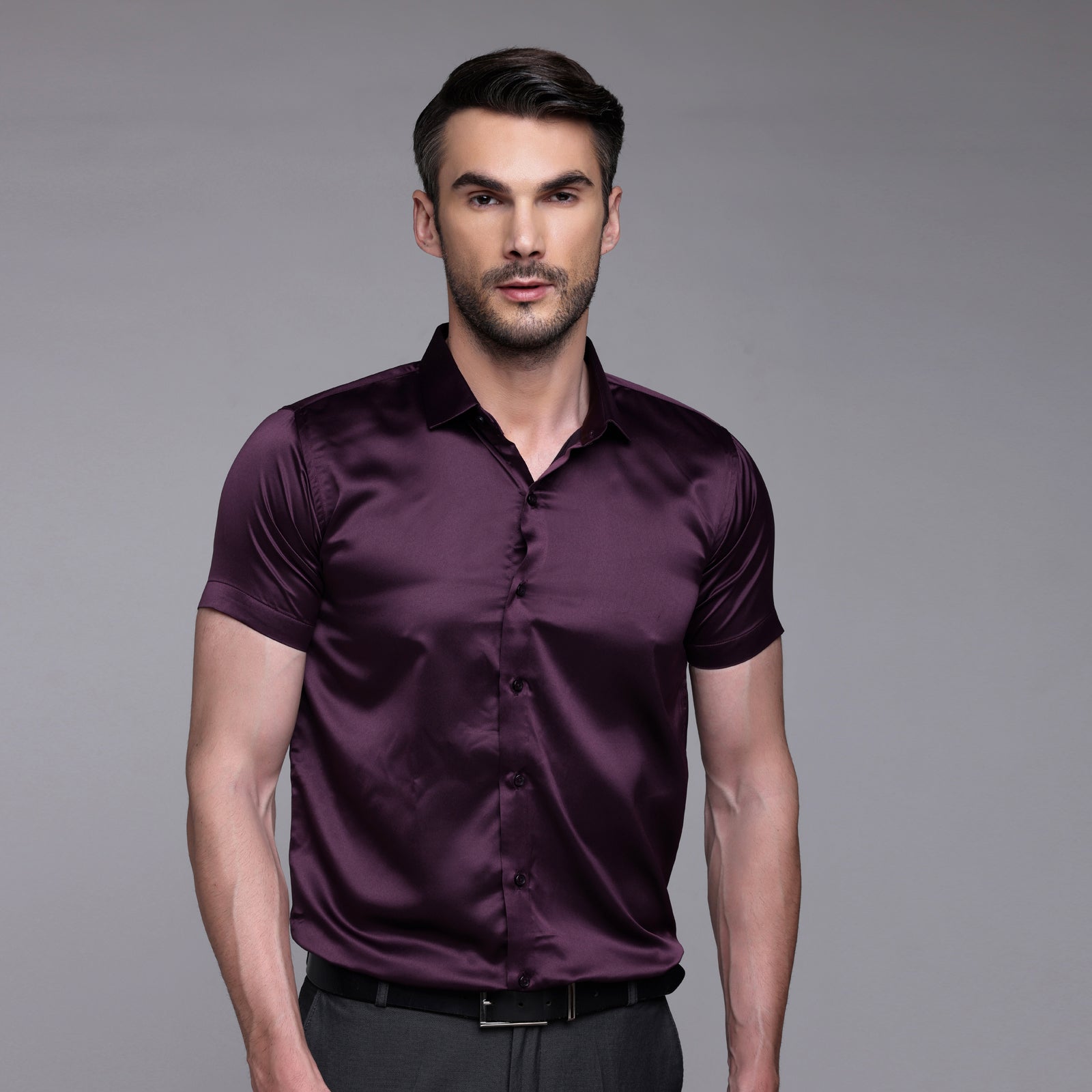 Men’s Satin Half Sleeve Formal Shirt – Premium Soft & Shiny Finish-Wine My Store