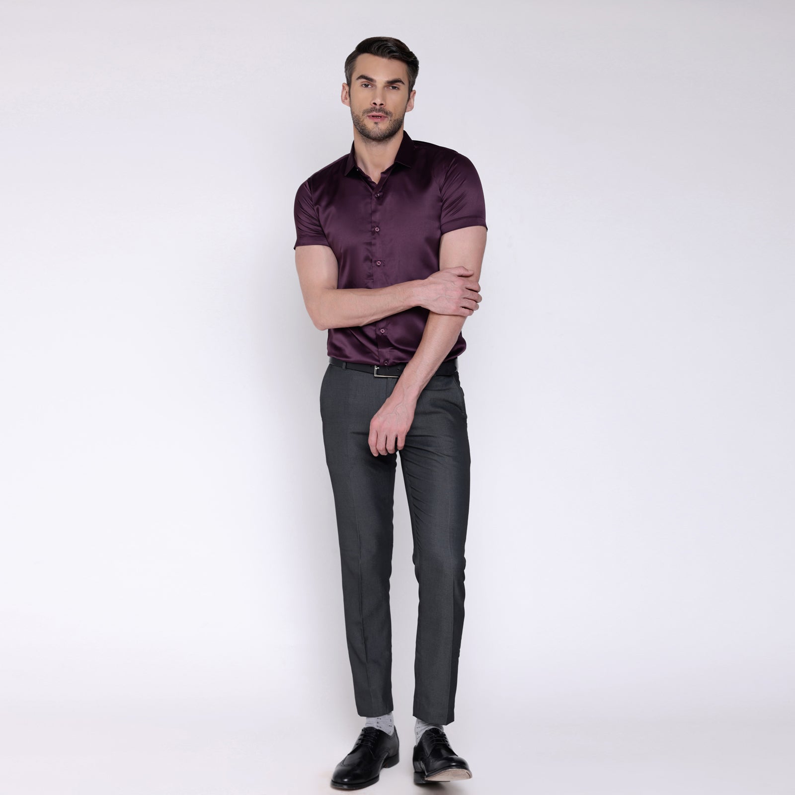 Satin Half Formal Shirt Wine Color