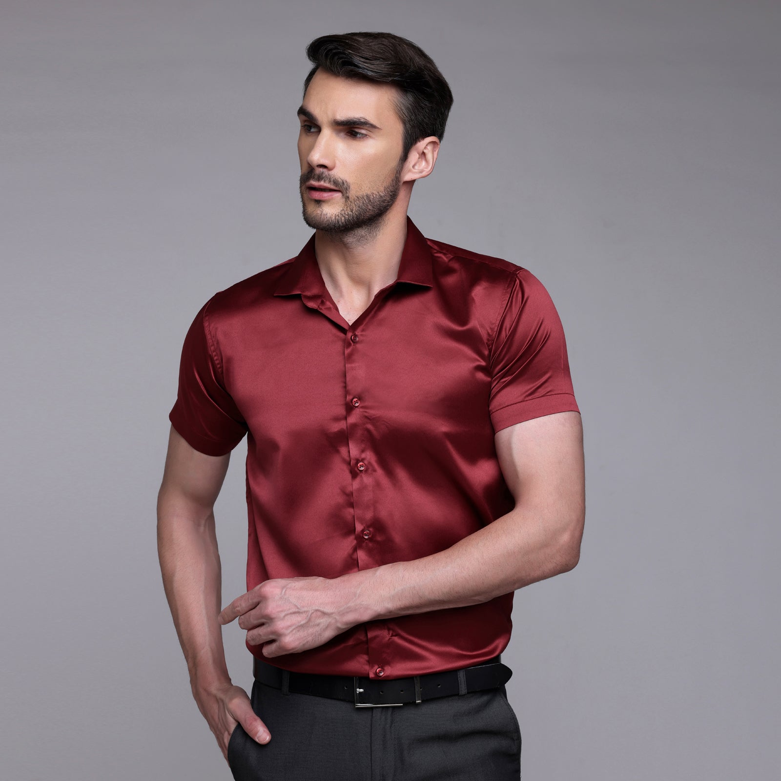 Men’s Satin Half Sleeve Formal Shirt – Premium Soft & Shiny Finish-Maroon My Store