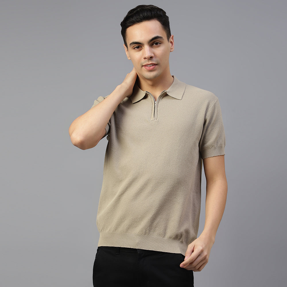 BEIGE KNITTED POLO T-SHIRT FOR SMART-CASUAL & SPORTS