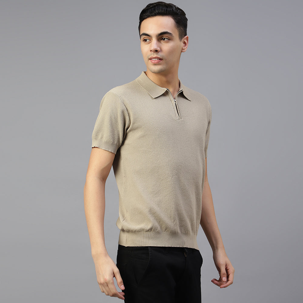 BEIGE KNITTED POLO T-SHIRT FOR SMART-CASUAL & SPORTS