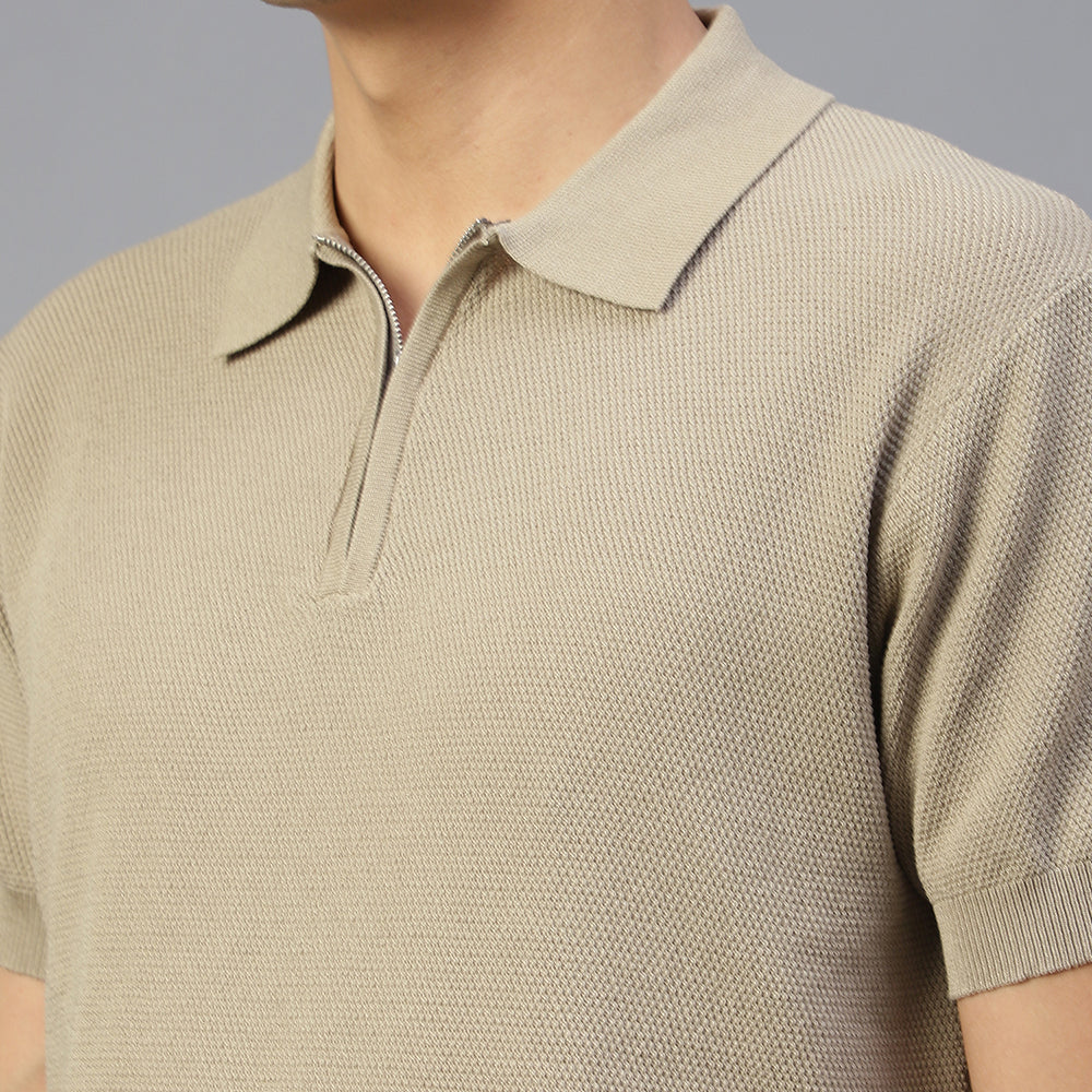 BEIGE KNITTED POLO T-SHIRT FOR SMART-CASUAL & SPORTS
